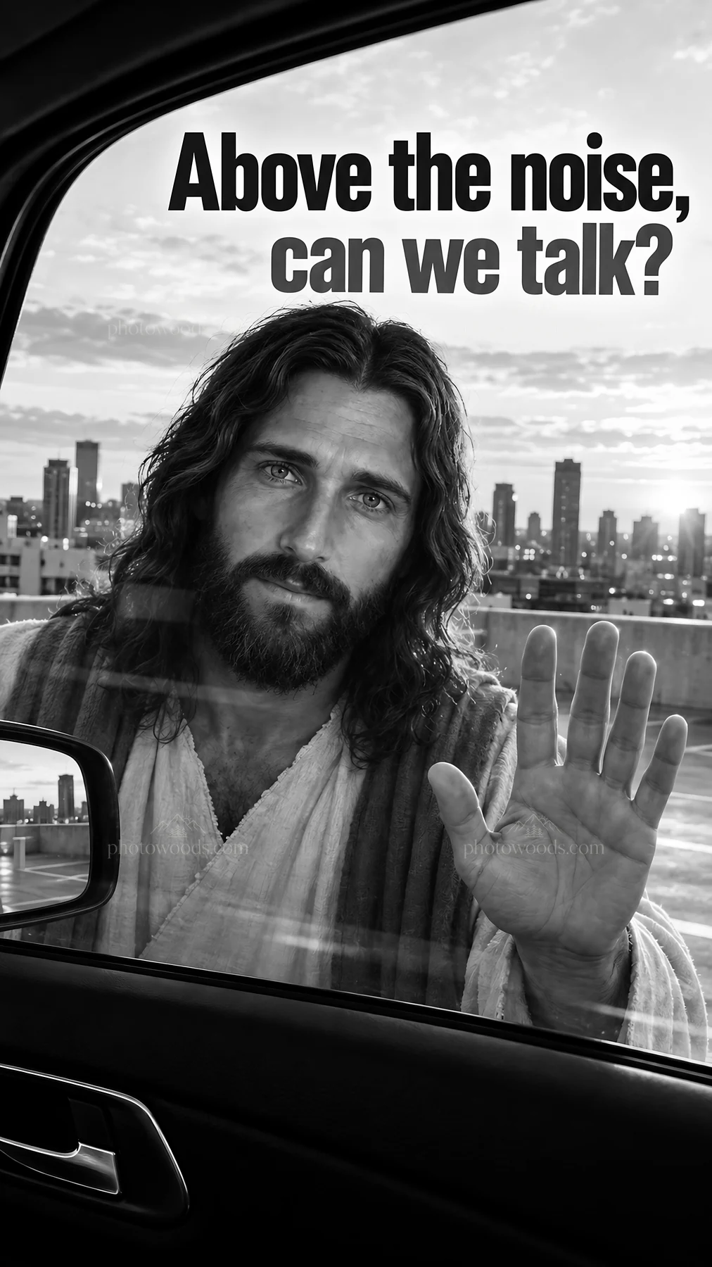 Jesus Christ reaching out from a car window - AI-generated stock image