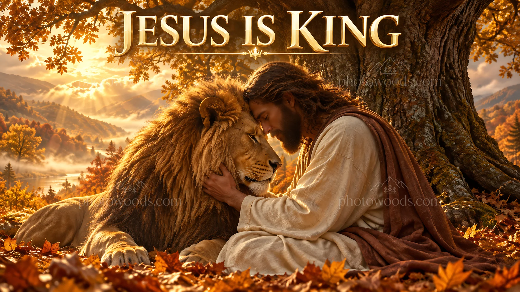 Jesus Christ comforted by a lion in a peaceful setting - AI-generated stock image
