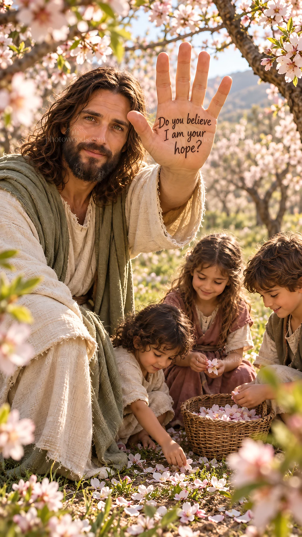 Jesus Christ offers hope while interacting with children - AI-generated stock image