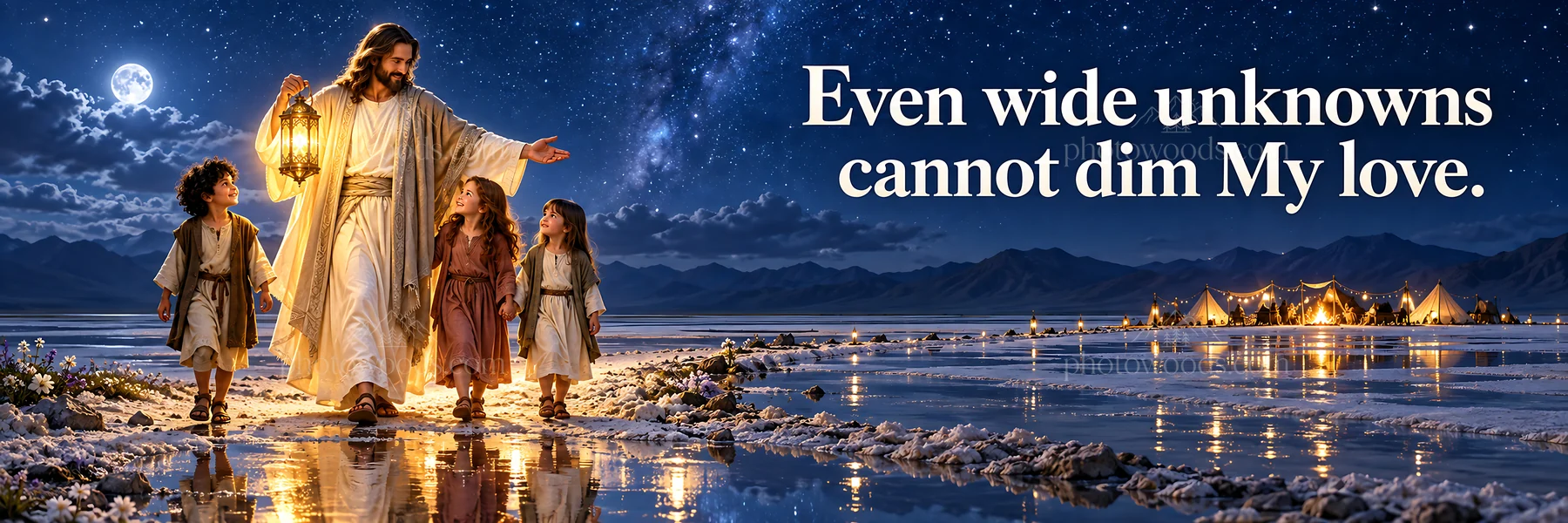 Jesus Christ walking with children by the water at night - AI-generated stock image