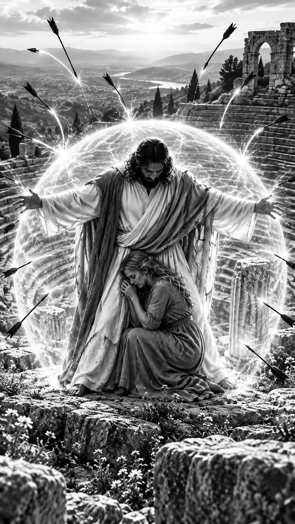 Jesus Christ comforting a woman amid arrows and turmoil - AI-generated stock image