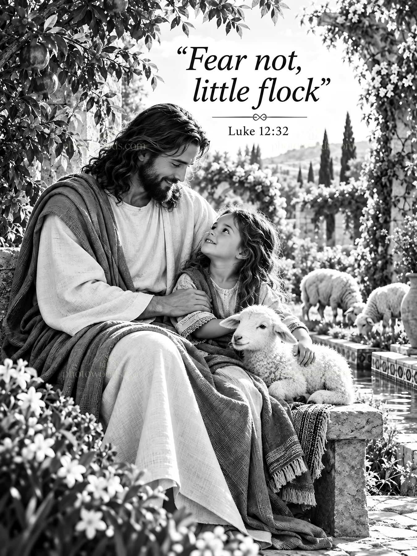 Jesus Christ comforting a child with a lamb in a garden - AI-generated stock image