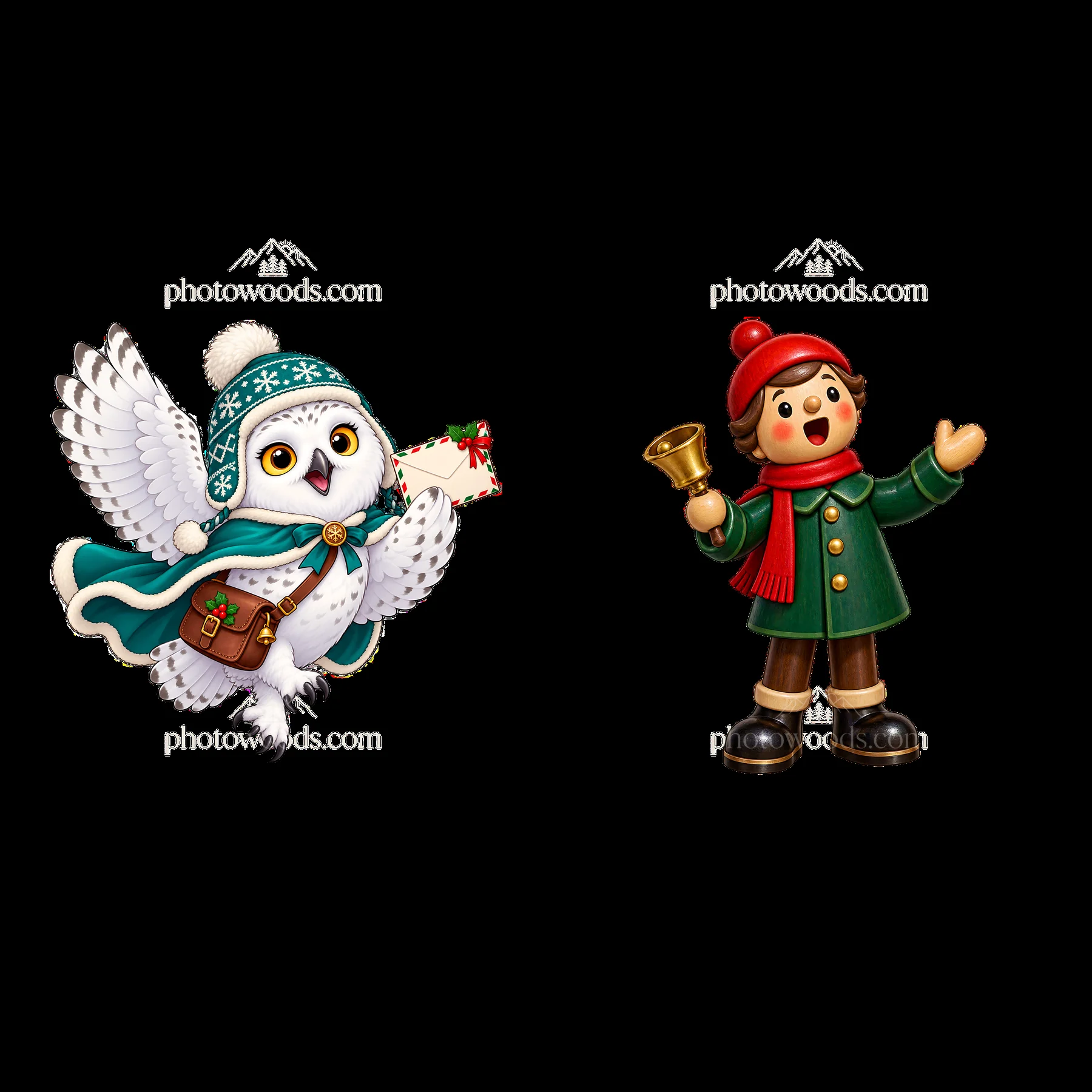 Owl delivering a Christmas letter and boy ringing a bell - AI-generated stock image