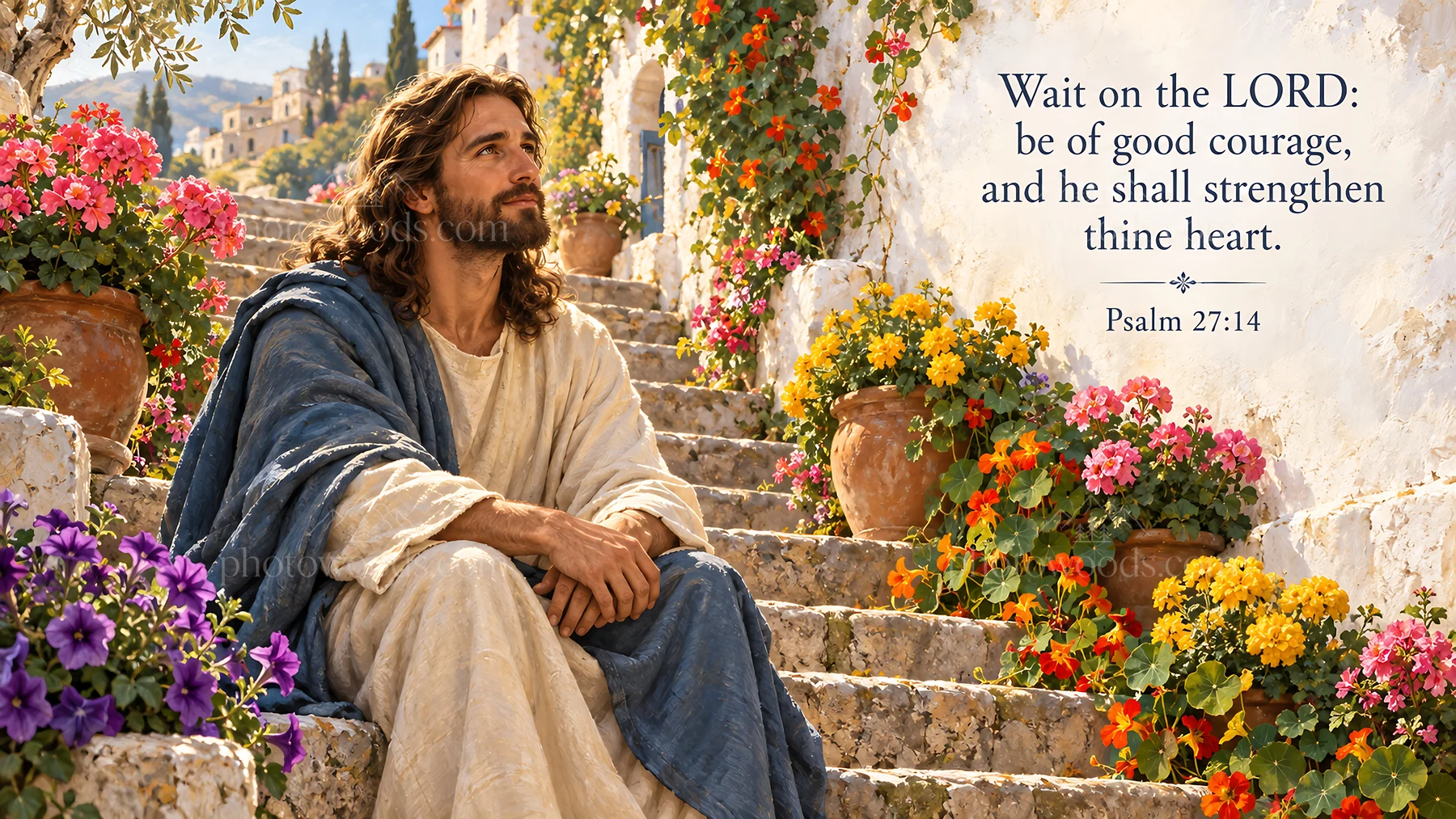 Jesus Christ offers comfort in a garden setting - AI-generated stock image