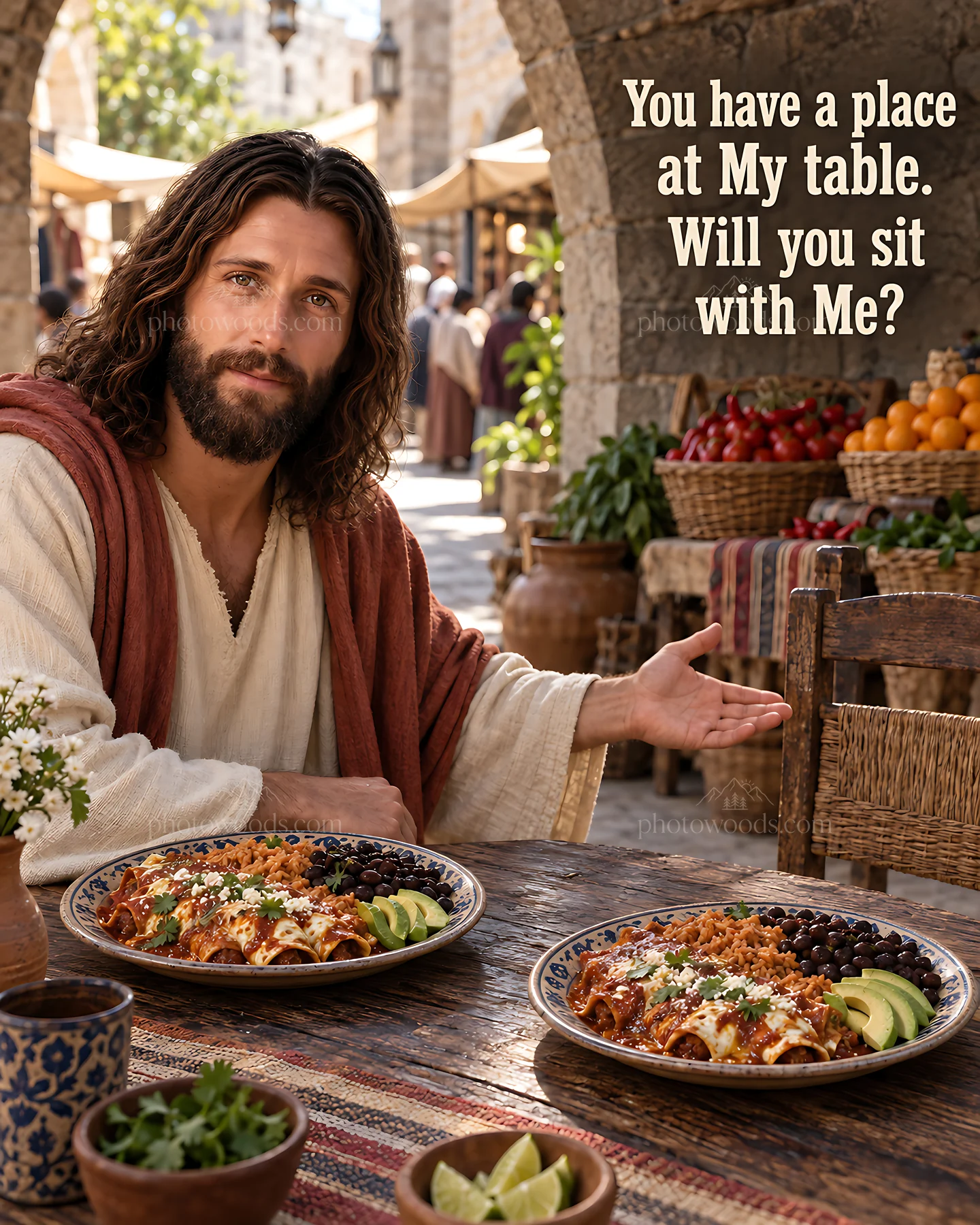 Invitation to join at the table with food and drink - AI-generated stock image