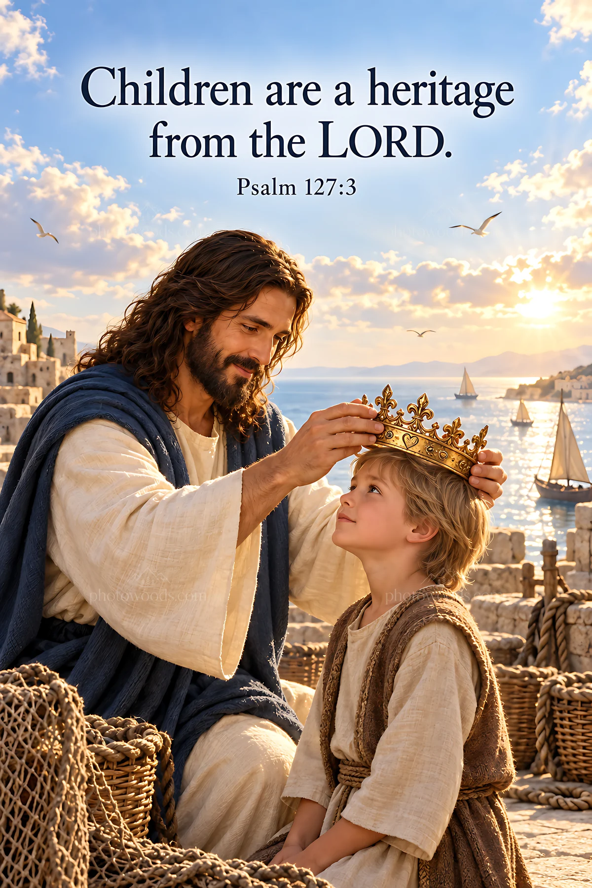 Children receiving blessings near the harbor - AI-generated stock image