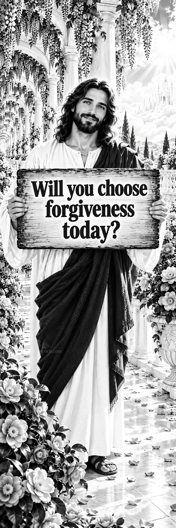 Jesus Christ holding sign offering forgiveness - AI-generated stock image