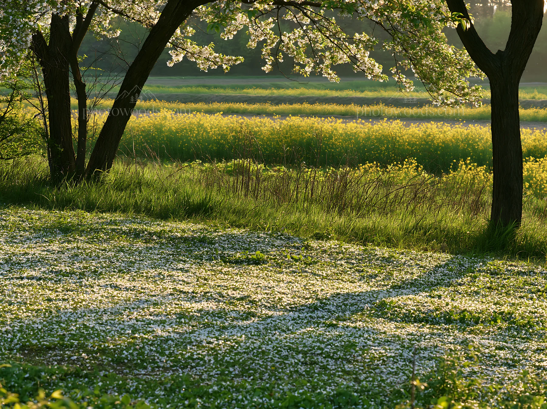 Fukuoka spring meadow with fallen blossoms in foreground - AI-generated stock image