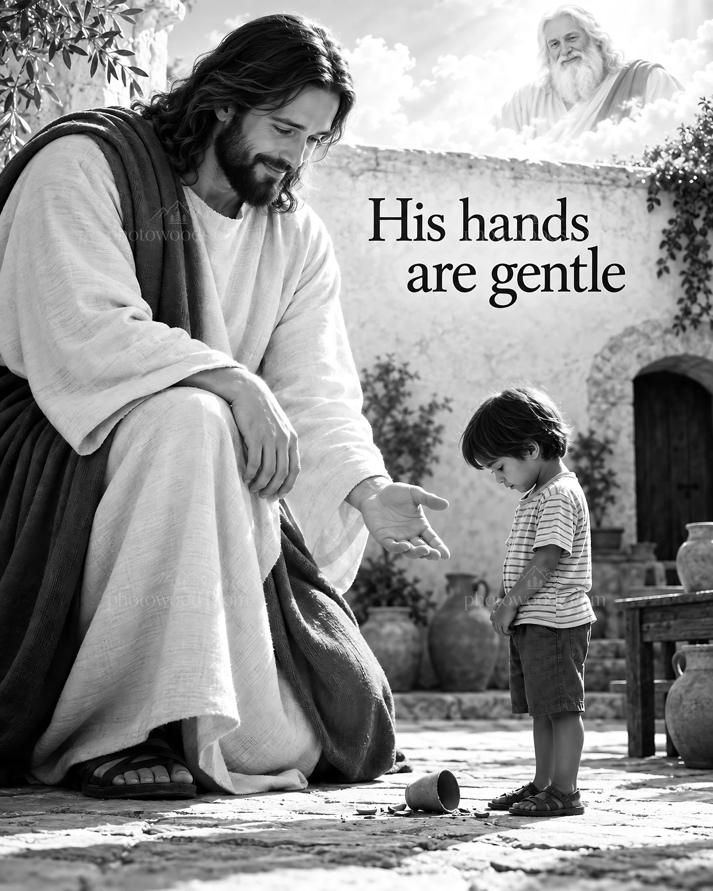 Jesus Christ comforts a child in a gentle moment - AI-generated stock image