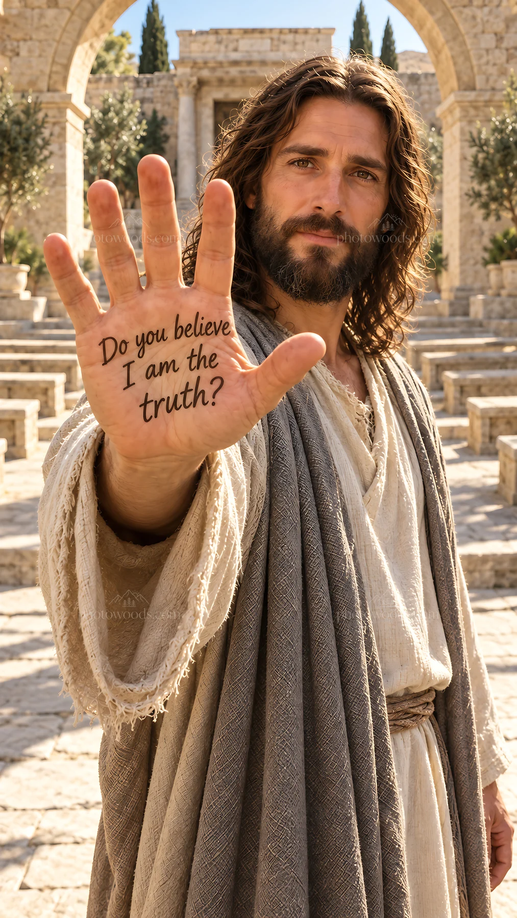 Jesus Christ shares a message of truth with an outstretched hand - AI-generated stock image