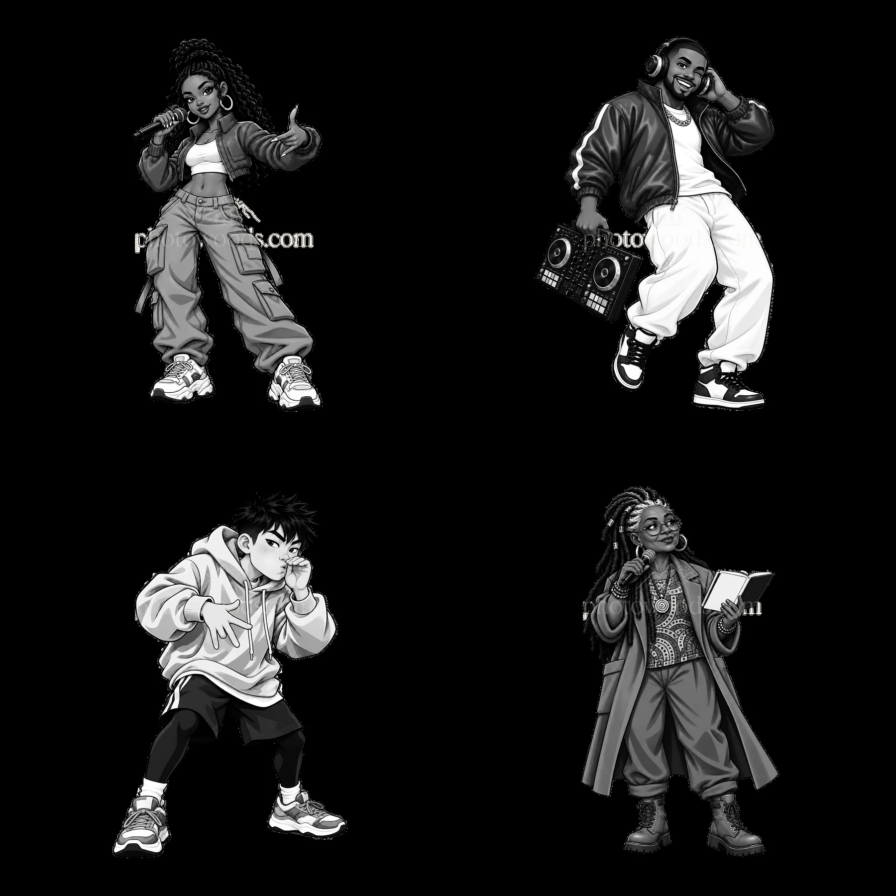 Hip-hop artist sticker set with diverse characters in urban setting - AI-generated stock image