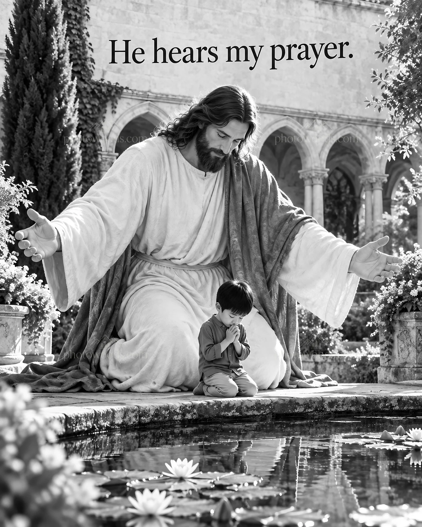 Jesus Christ comforting a child in prayer - AI-generated stock image