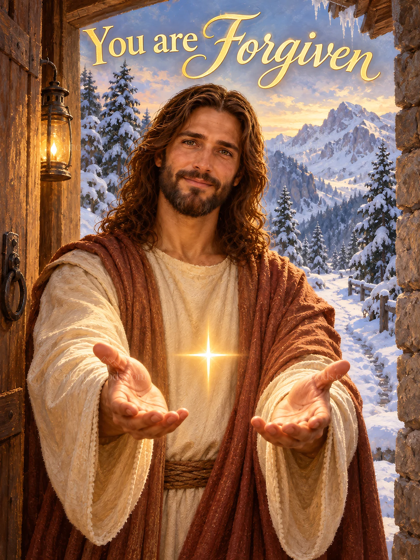 Jesus Christ extends forgiveness with open hands - AI-generated stock image