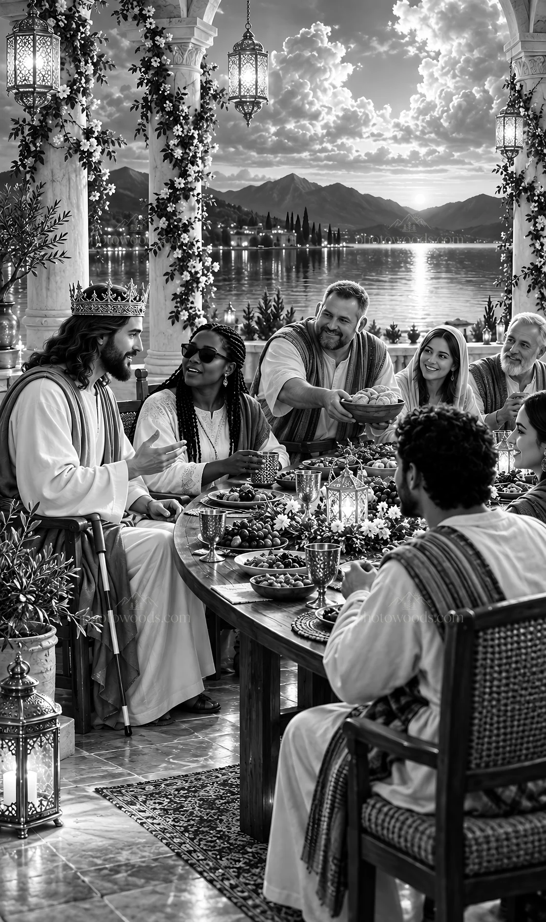 Jesus Christ sharing a meal with friends around a table - AI-generated stock image
