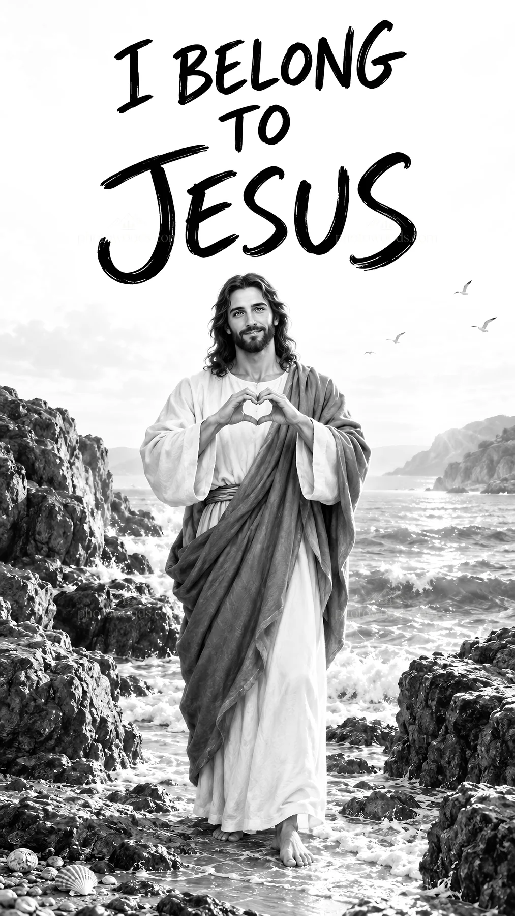 Jesus Christ making a heart gesture at the shore - AI-generated stock image