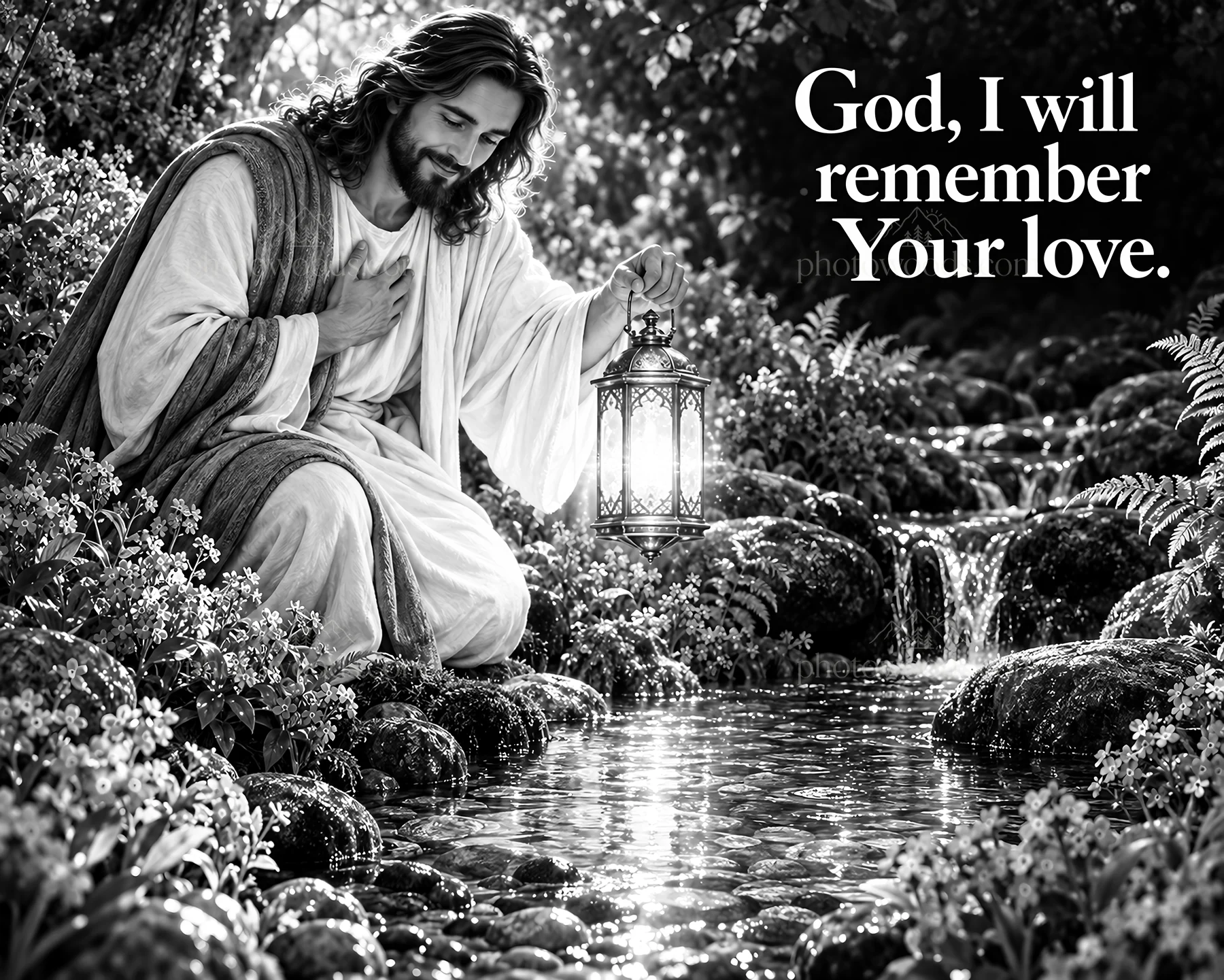 Jesus Christ holding a lantern by a stream in the garden - AI-generated stock image