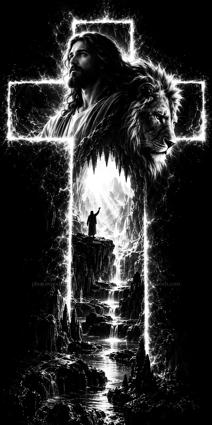 Jesus Christ with a lion and a figure in a cross scene - AI-generated stock image