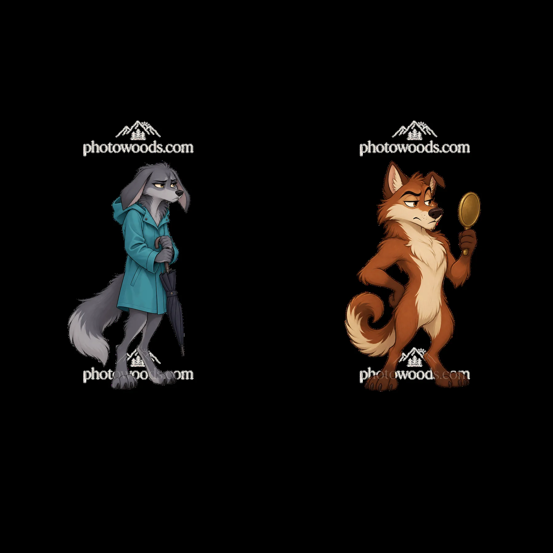 Grumpy wolf characters with umbrella and magnifying glass - AI-generated stock image