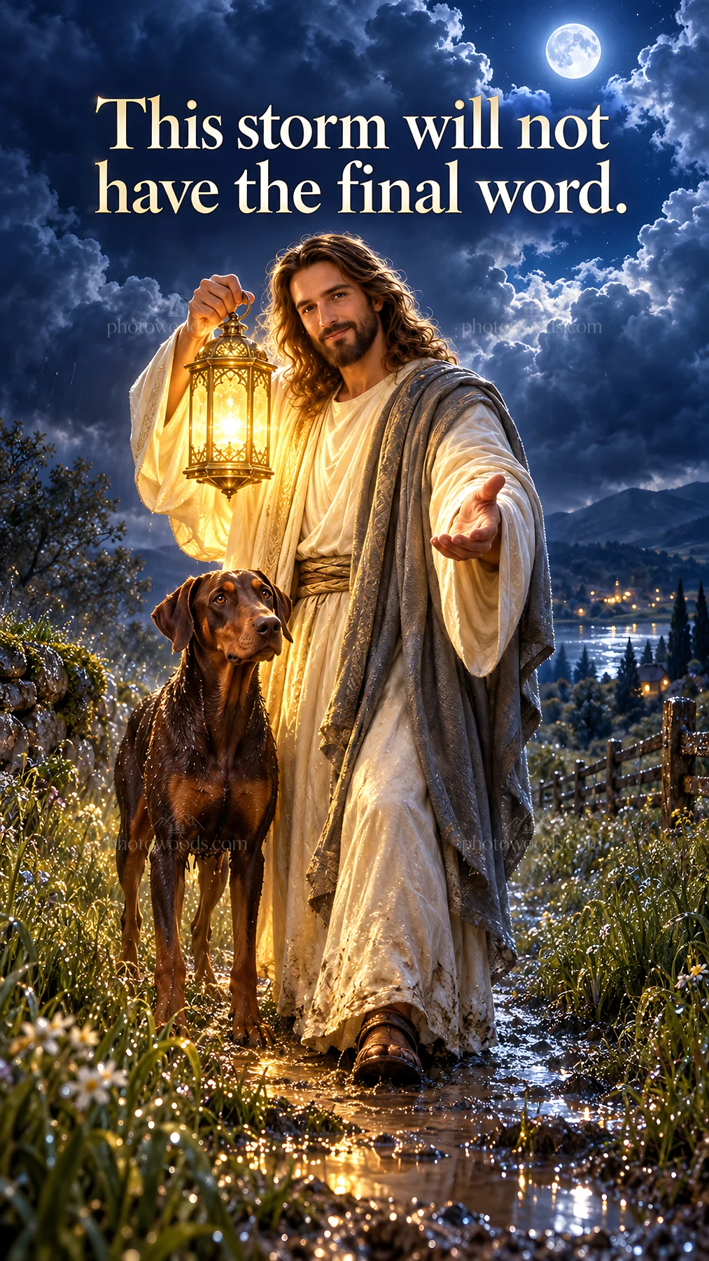 Jesus Christ walking with a dog in a stormy landscape - AI-generated stock image