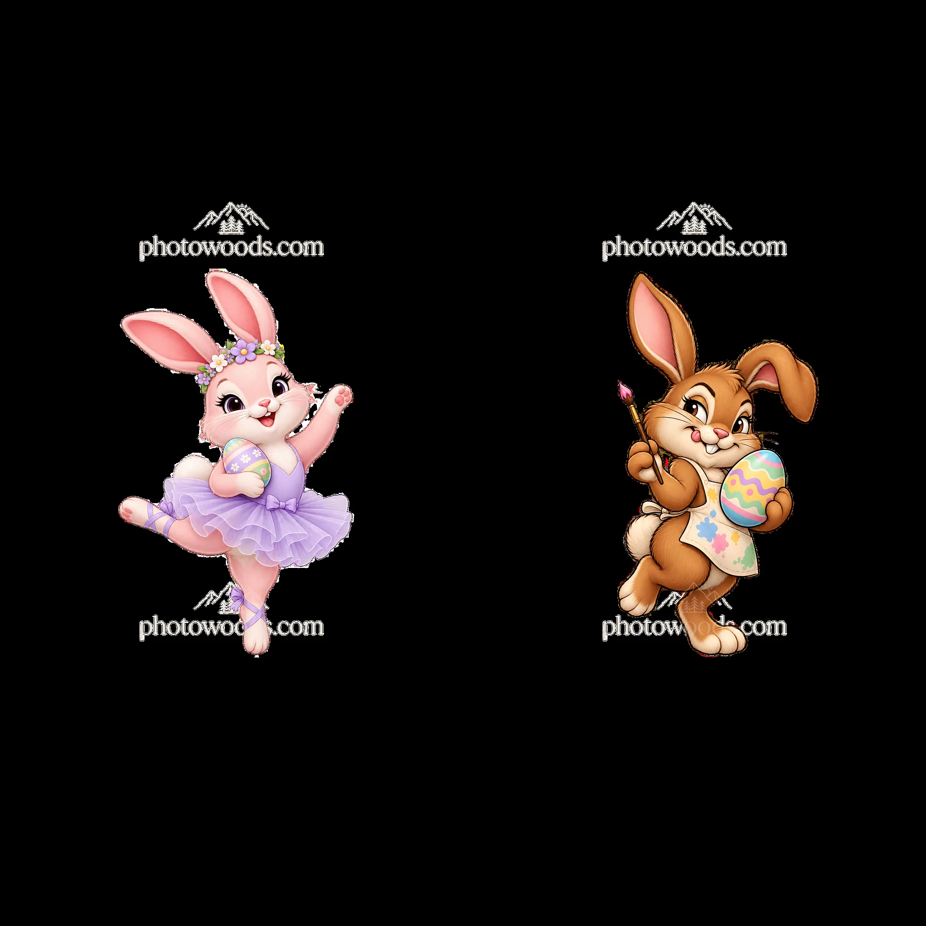 Easter Bunny pair with colored eggs in playful poses - AI-generated stock image