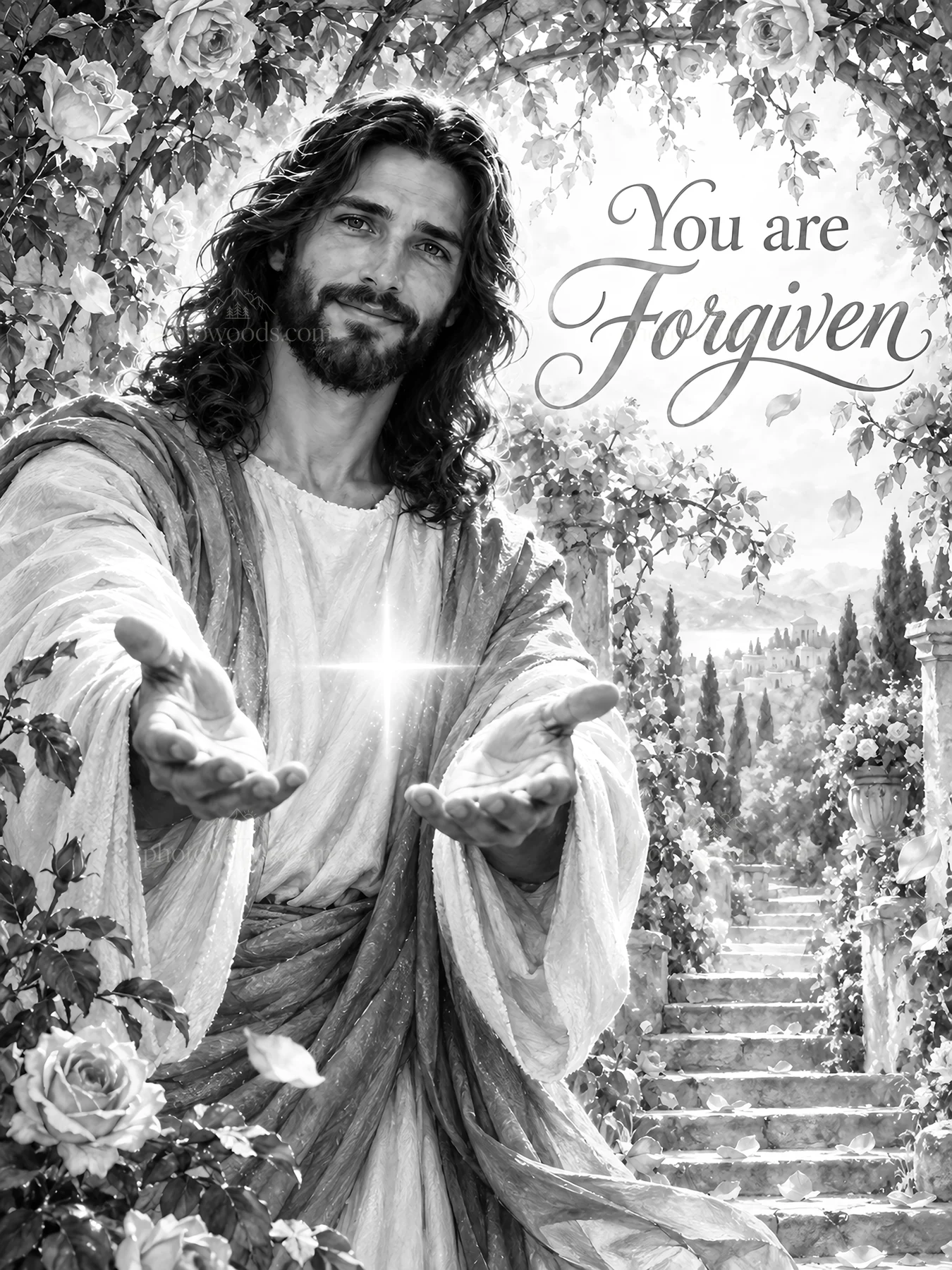 Jesus Christ offering forgiveness with open arms - AI-generated stock image