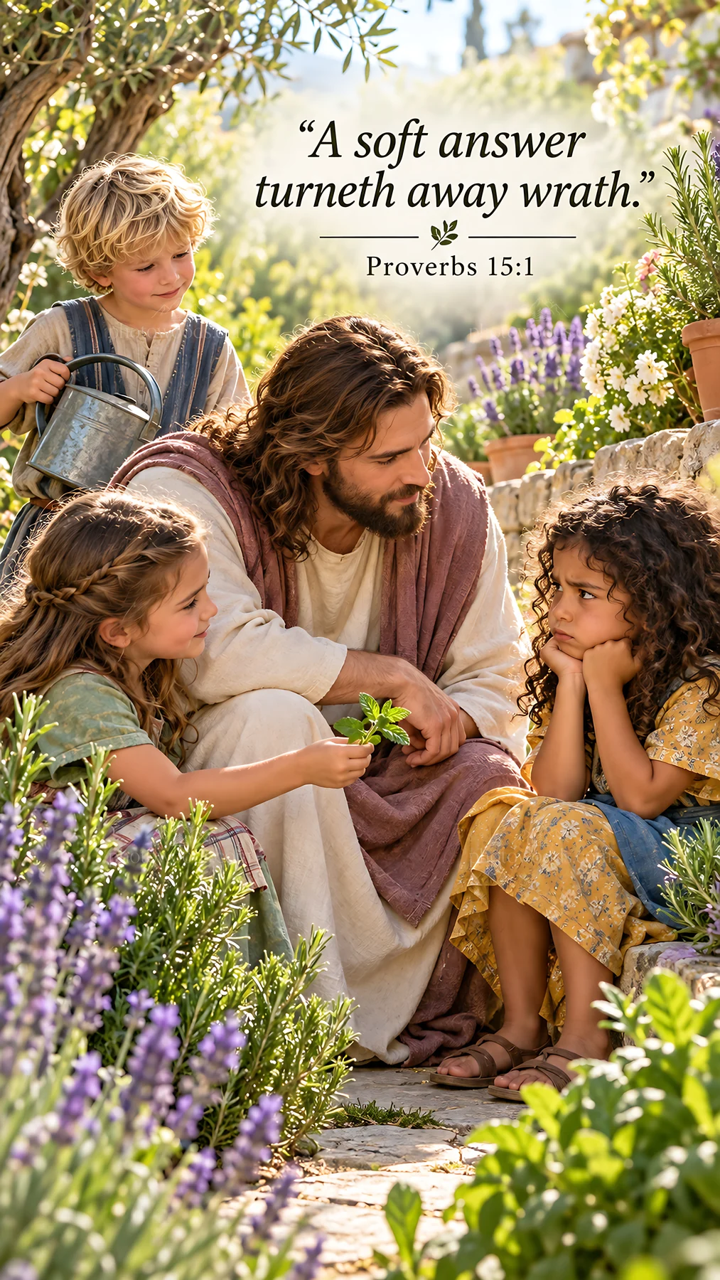 Jesus Christ teaching children in a garden - AI-generated stock image