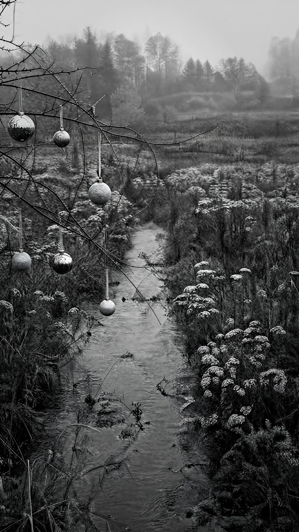 Christmas ornaments hanging above stream in meadow - AI-generated stock image