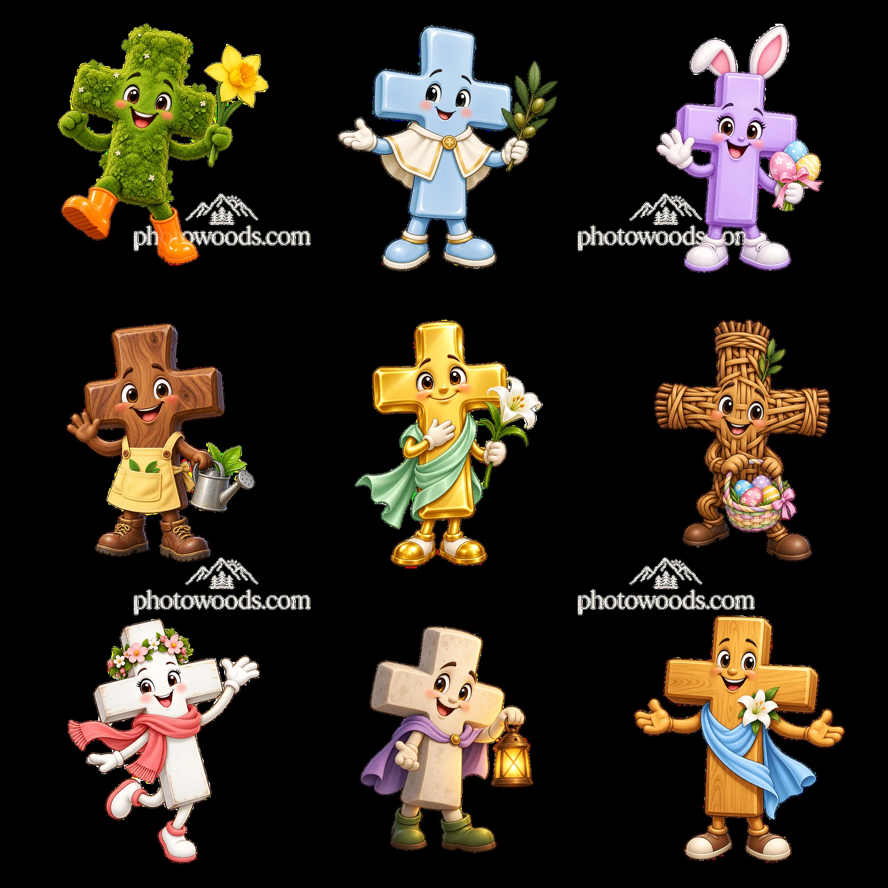 Easter themed cartoon crosses with characters in various actions - AI-generated stock image