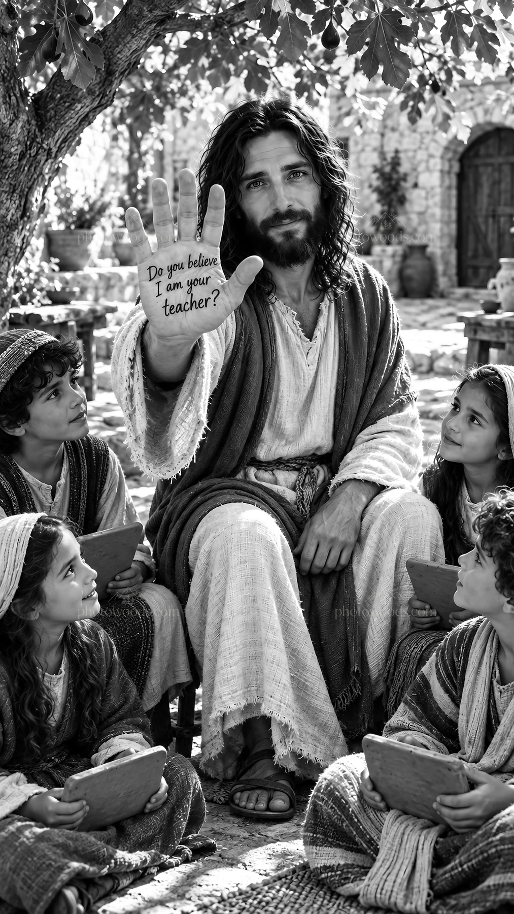 Jesus Christ teaching and reaching out to children - AI-generated stock image