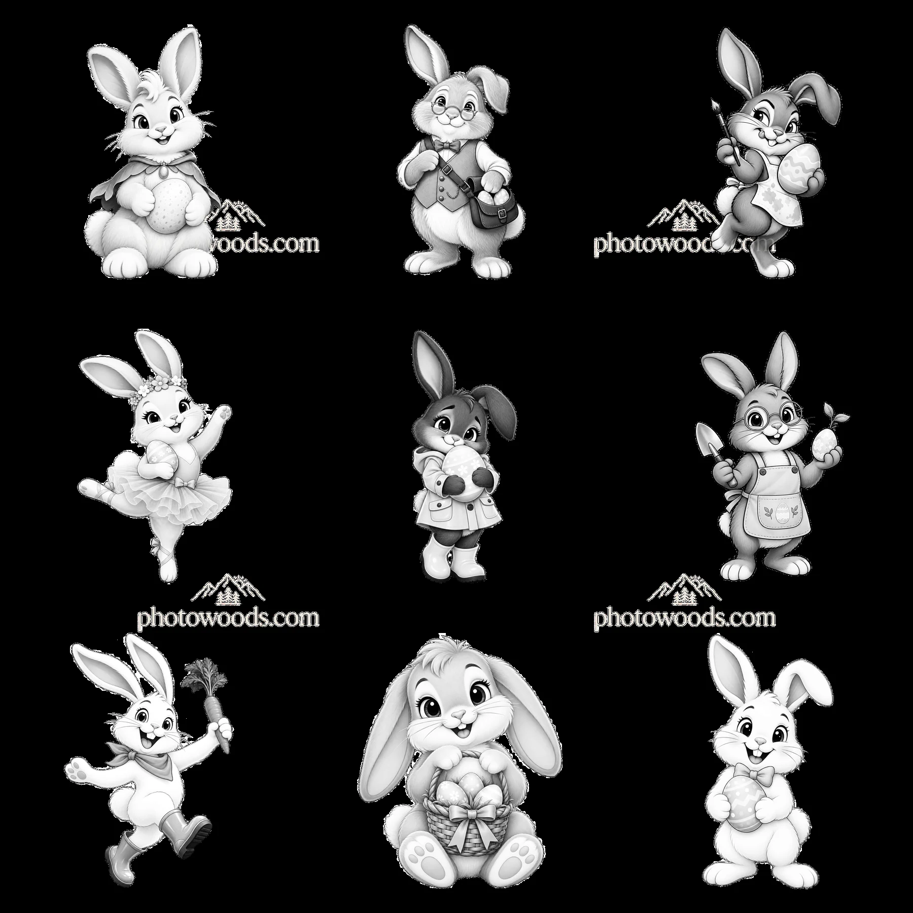 Cute Easter Bunny characters in a 3x3 grid arrangement - AI-generated stock image
