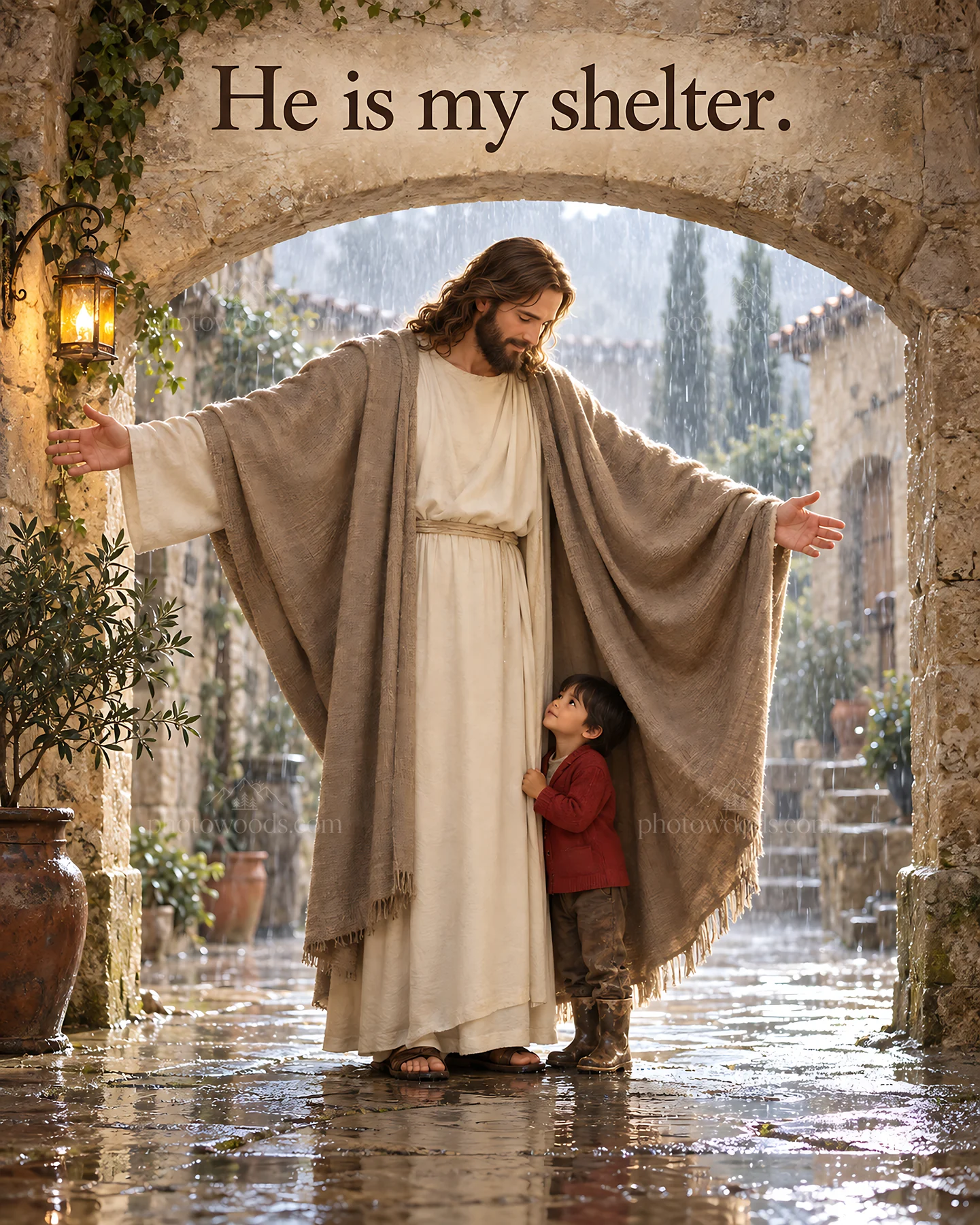 Jesus Christ comforting a child under shelter - AI-generated stock image