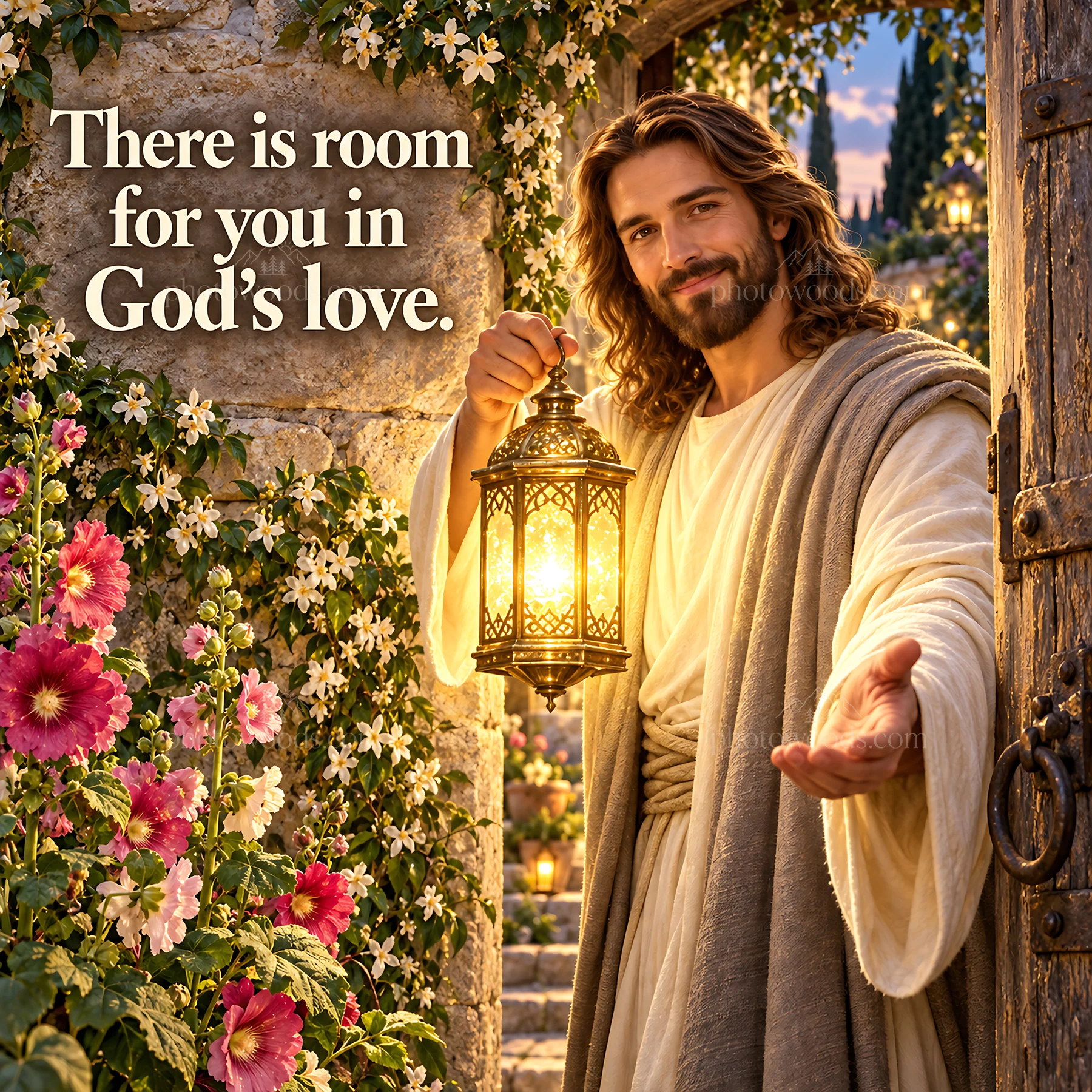Jesus Christ welcoming you with a lantern in God's love - AI-generated stock image