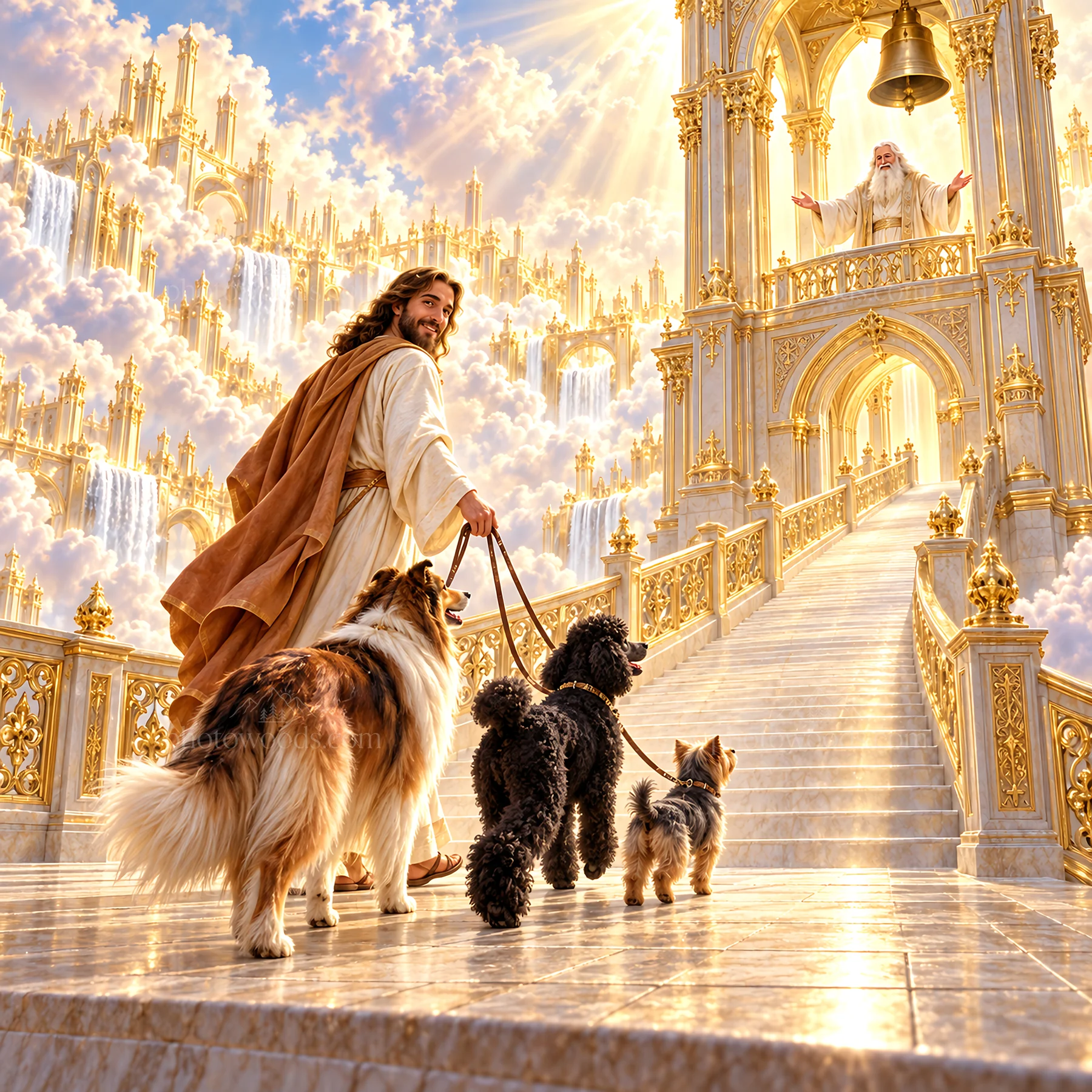 Jesus Christ walking with dogs in a heavenly setting - AI-generated stock image