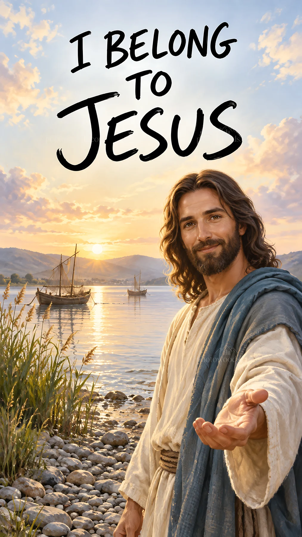 Jesus Christ welcoming viewers by the water - AI-generated stock image