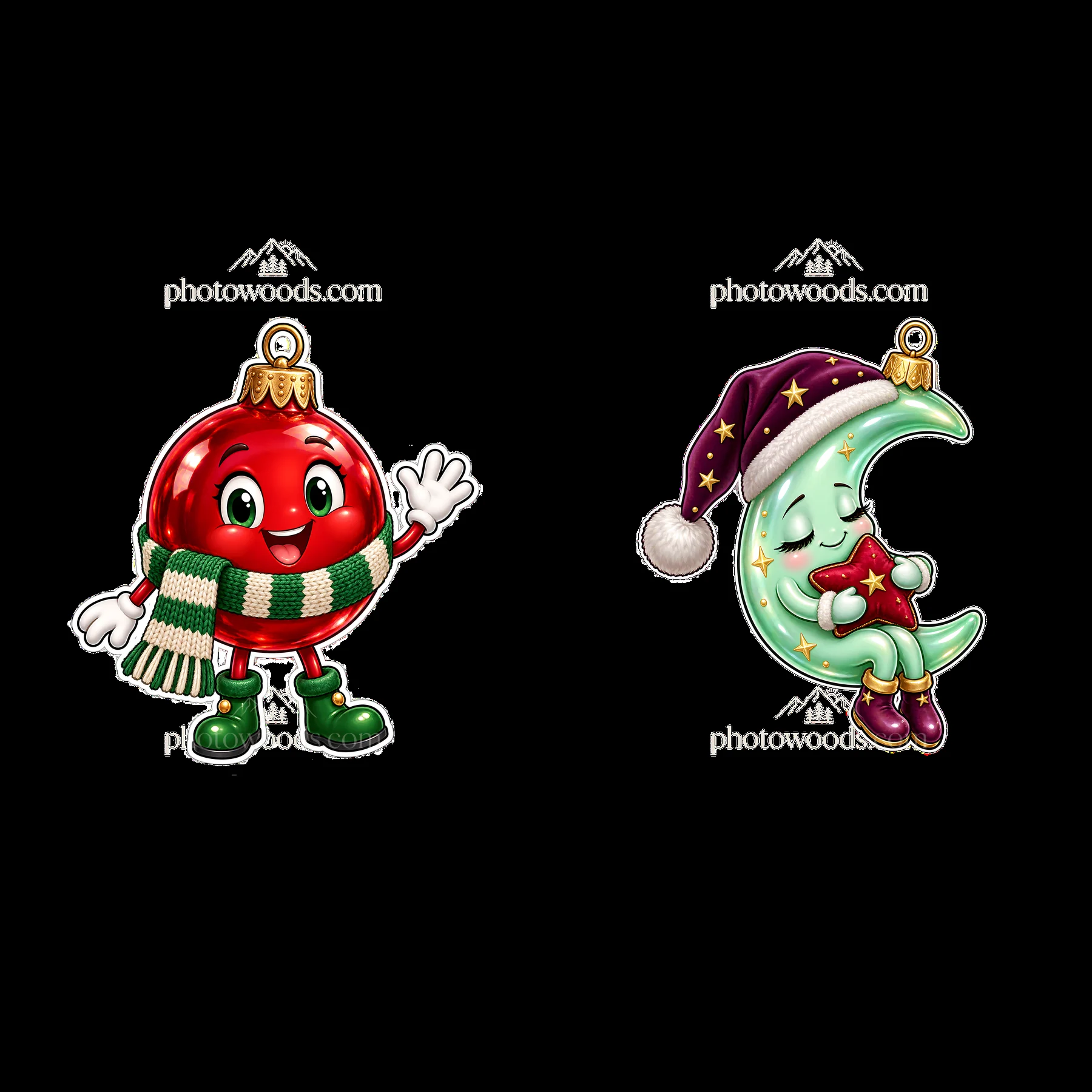 Christmas ornament stickers featuring a red bauble and a moon - AI-generated stock image