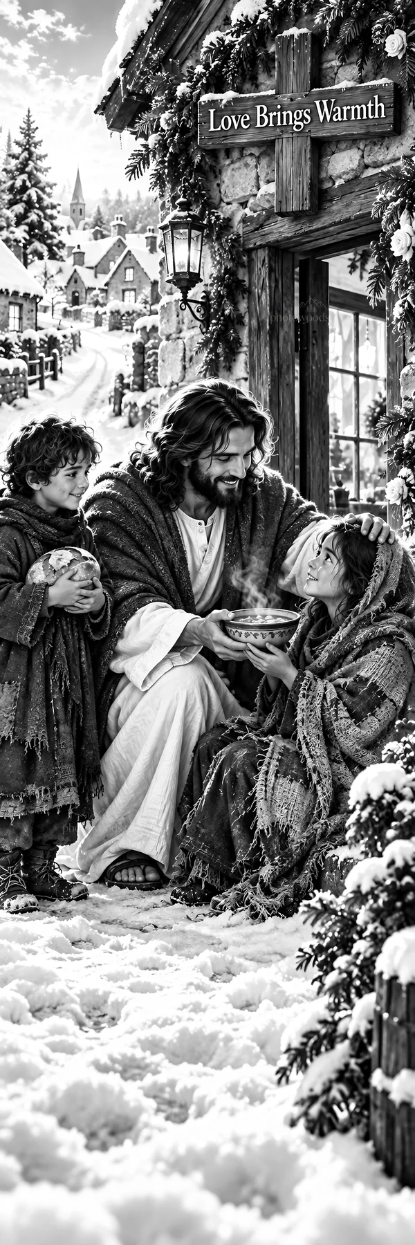 Jesus Christ comforting the suffering in a winter landscape - AI-generated stock image