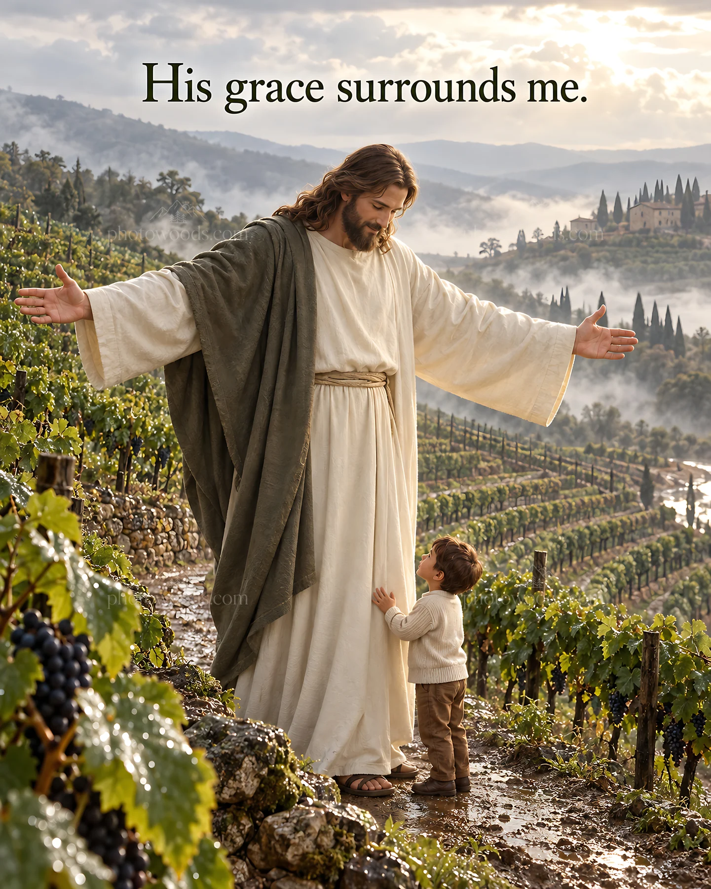 Jesus Christ welcomes a child in a vineyard setting - AI-generated stock image