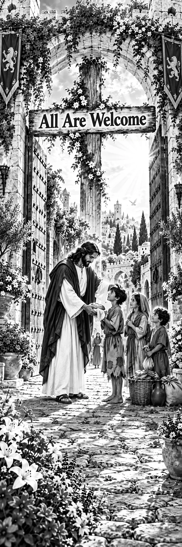 Jesus Christ welcomes children at the open gate - AI-generated stock image