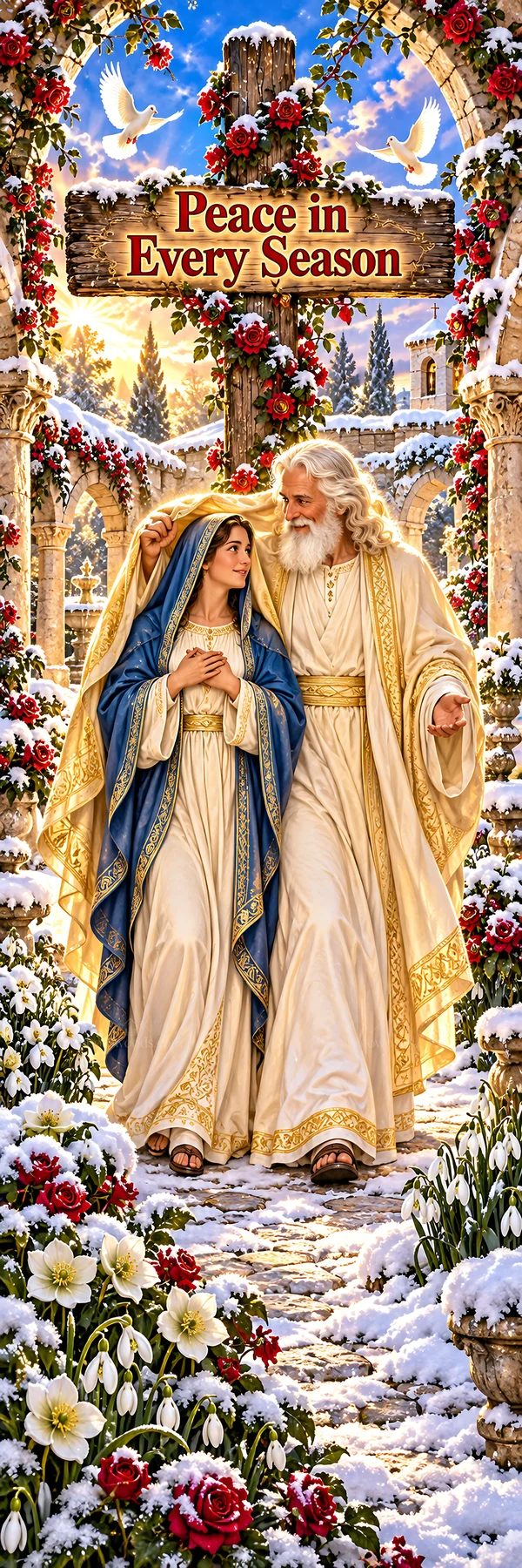 Jesus Christ walking with a woman in a snowy garden - AI-generated stock image