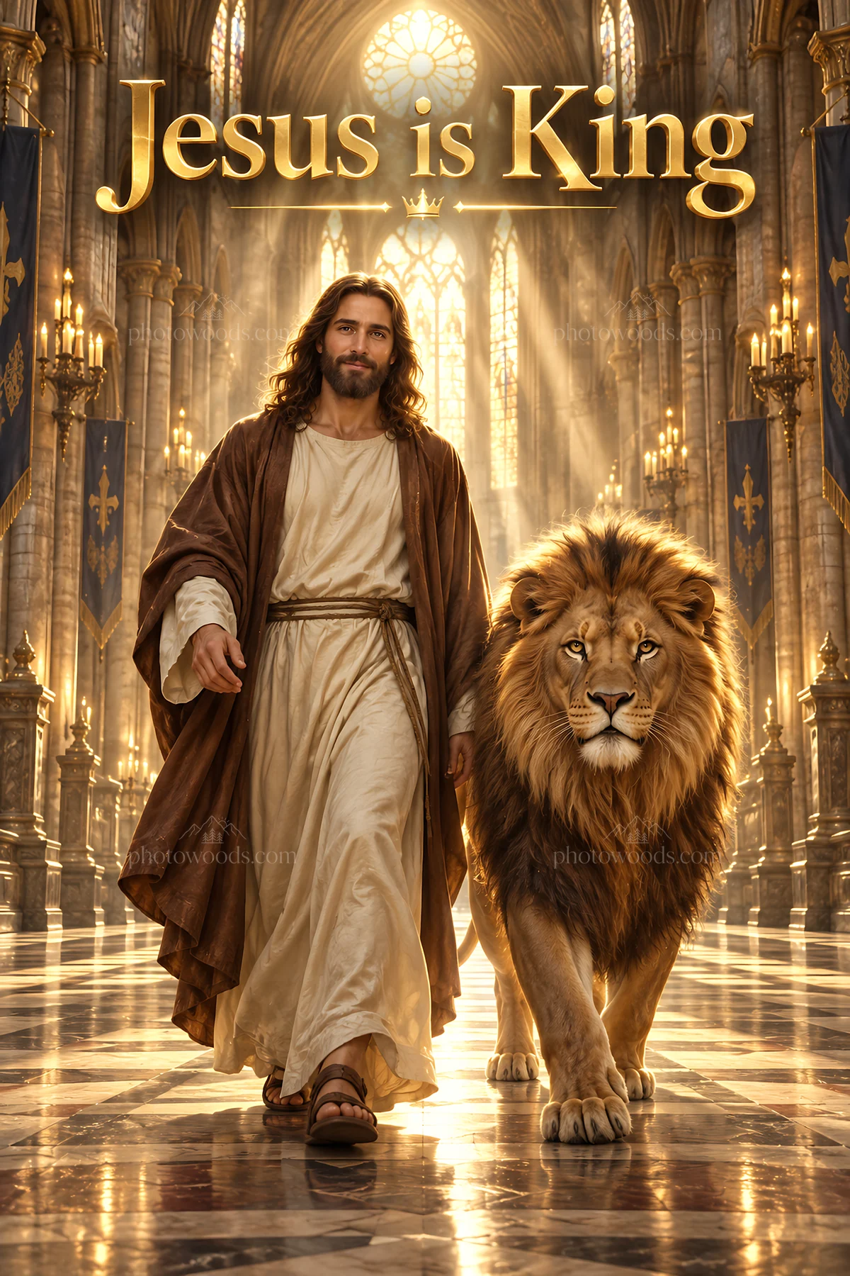 Jesus Christ walking with a lion in a grand hall - AI-generated stock image
