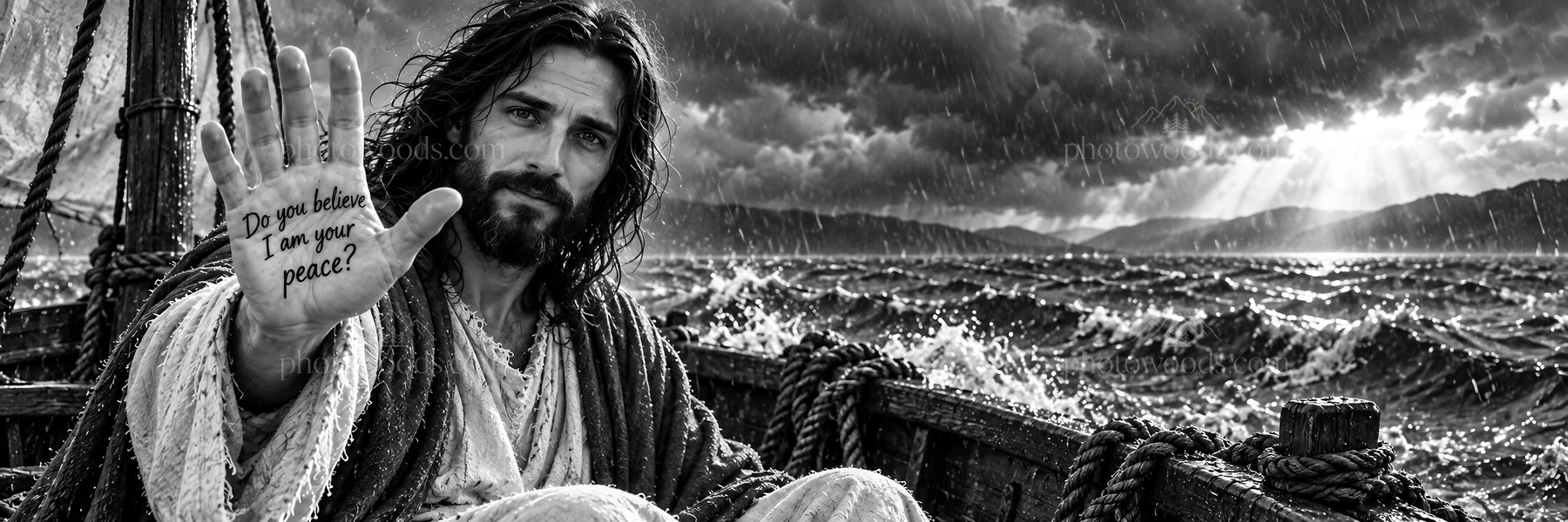 Jesus Christ calming the storm while asking about peace - AI-generated stock image