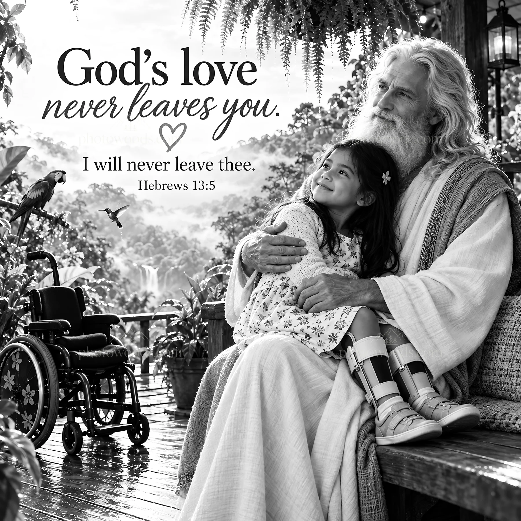 Jesus Christ comforting a child in loving embrace - AI-generated stock image