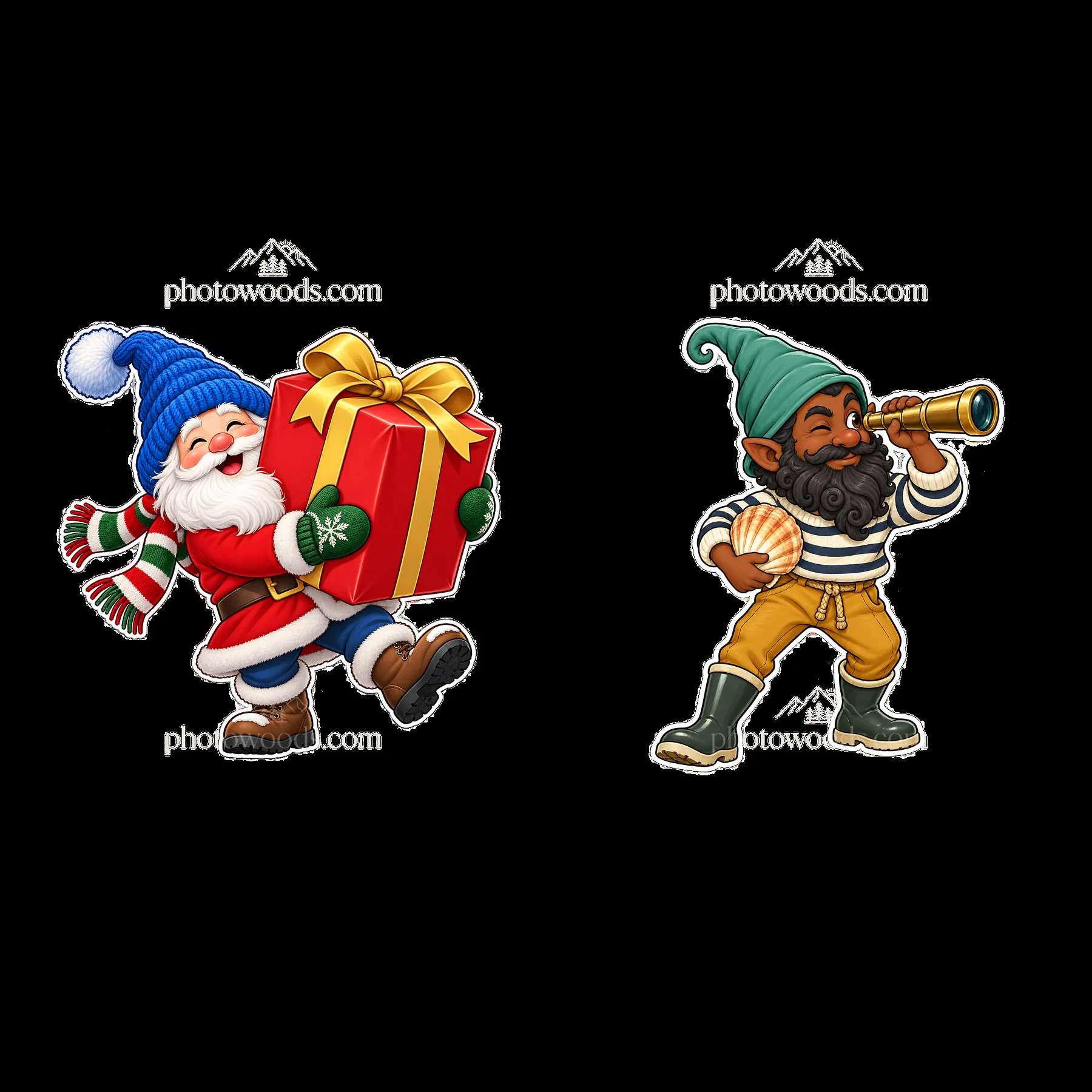 Gnome carrying a gift next to gnome using a telescope - AI-generated stock image