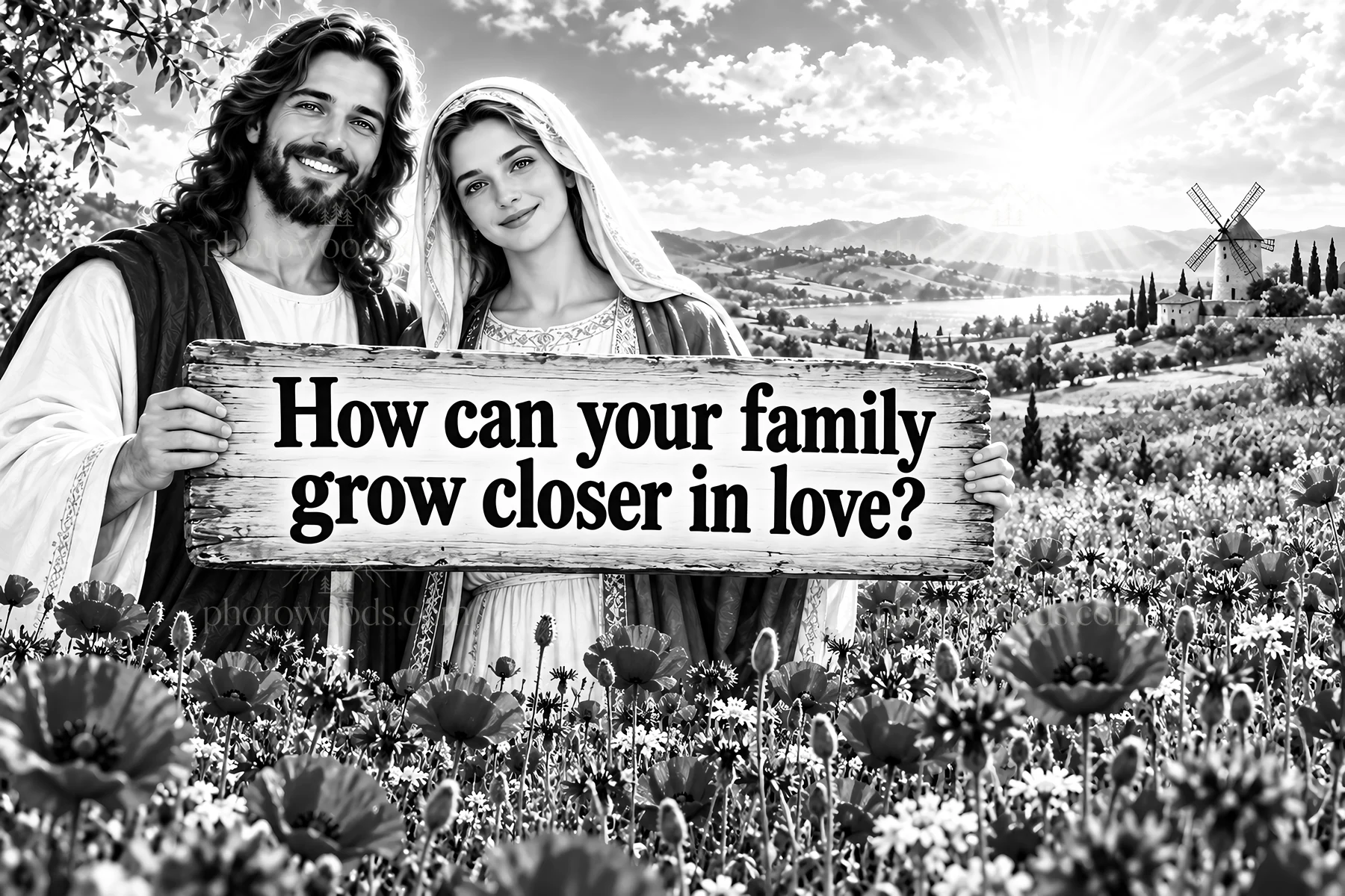 Jesus Christ encouraging love and unity in a family setting - AI-generated stock image