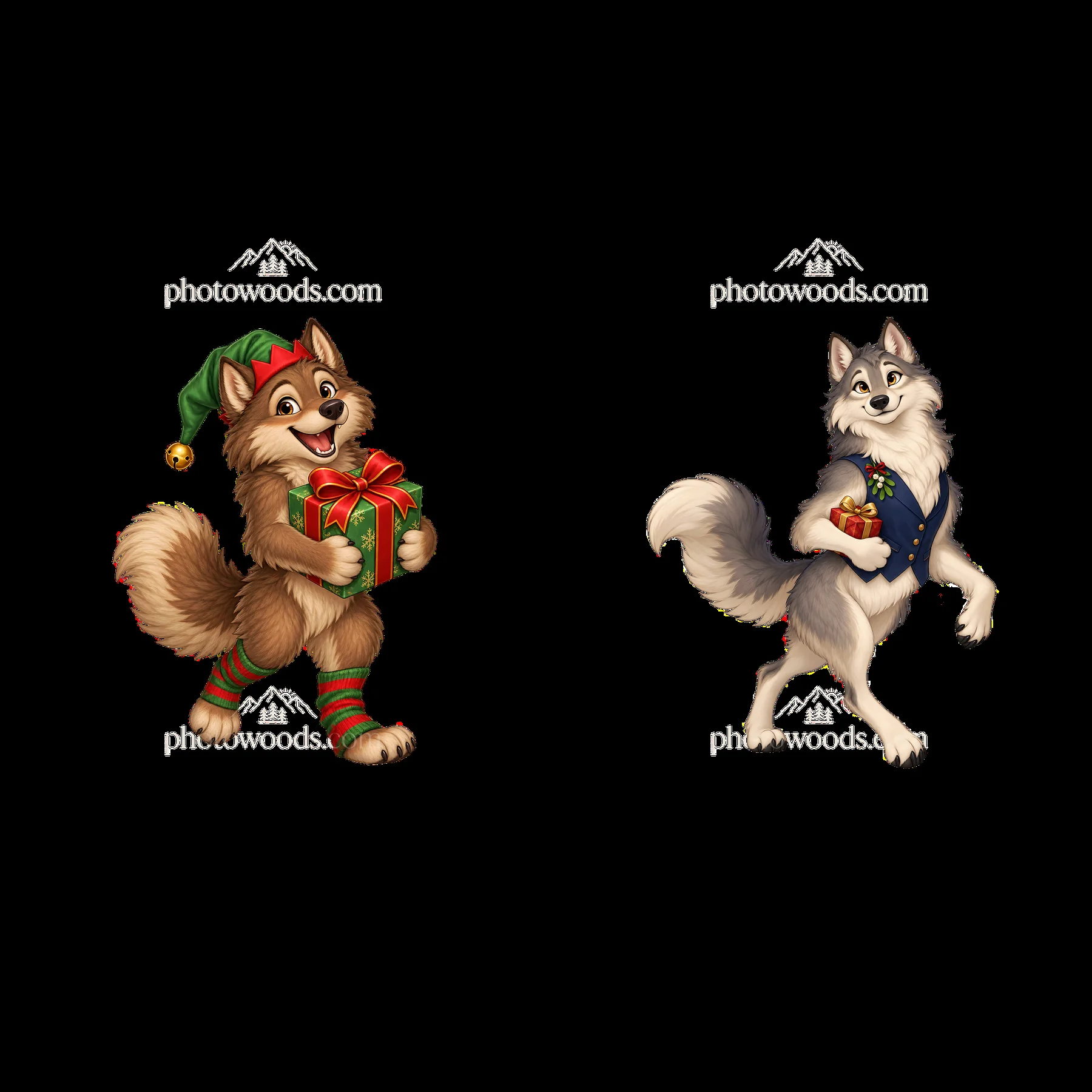 Christmas wolves carrying presents in festive attire - AI-generated stock image