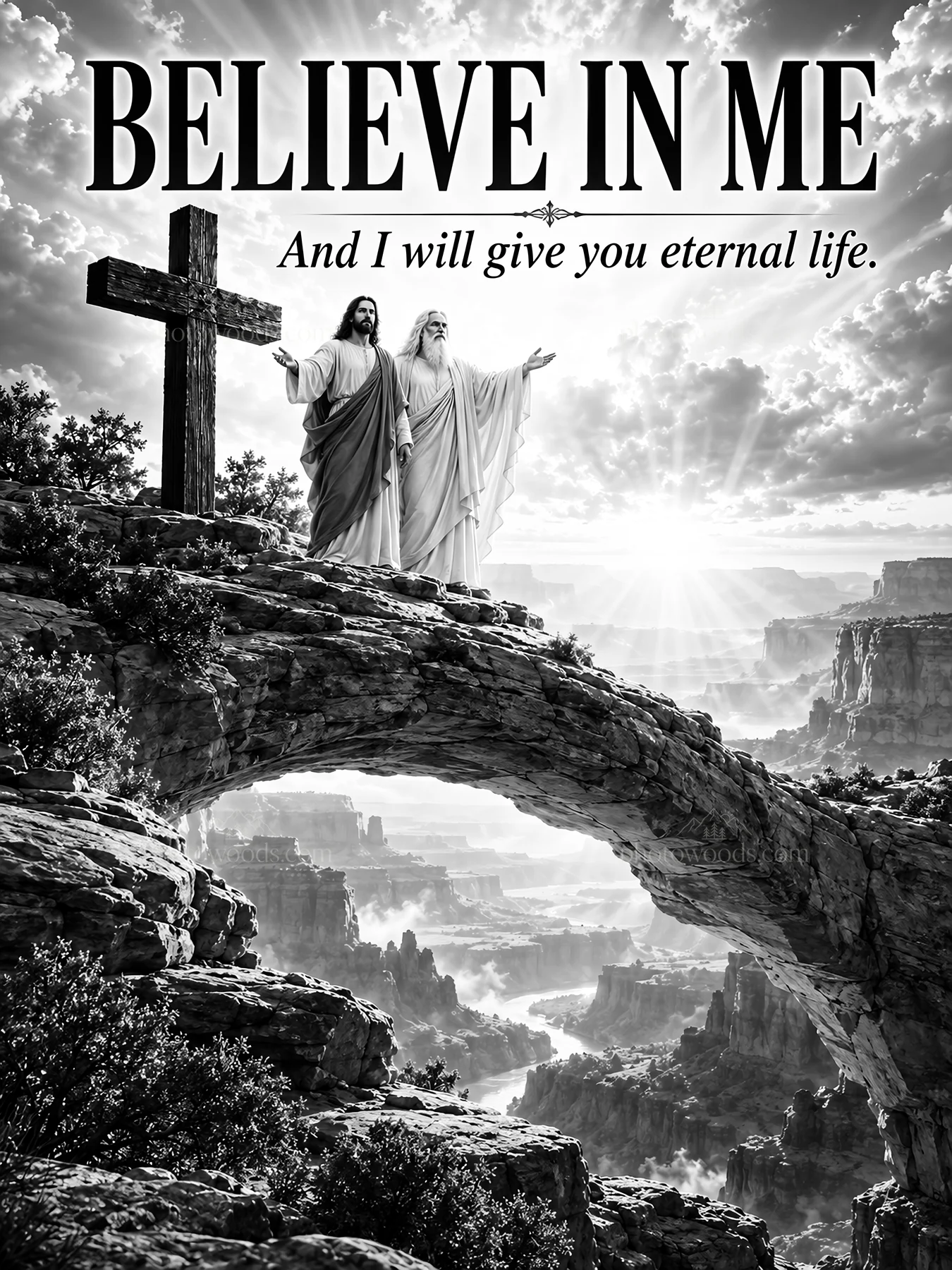 Jesus Christ offering eternal life in a majestic landscape - AI-generated stock image