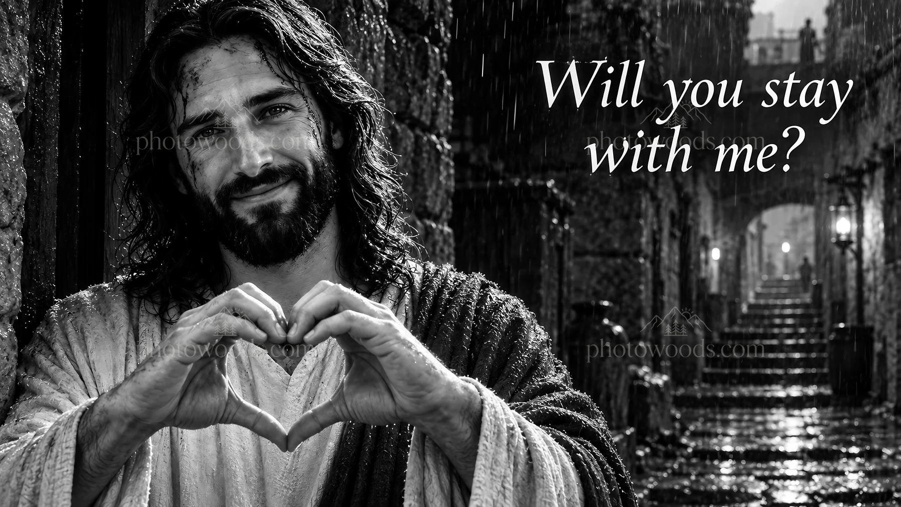 Jesus Christ offering support and connection on a rainy street - AI-generated stock image