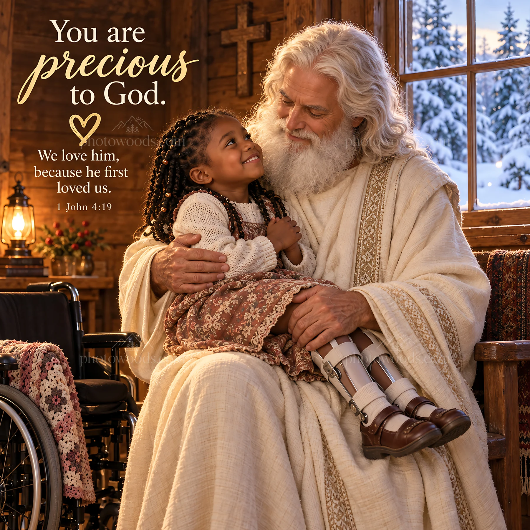 Jesus Christ comforting a child - AI-generated stock image