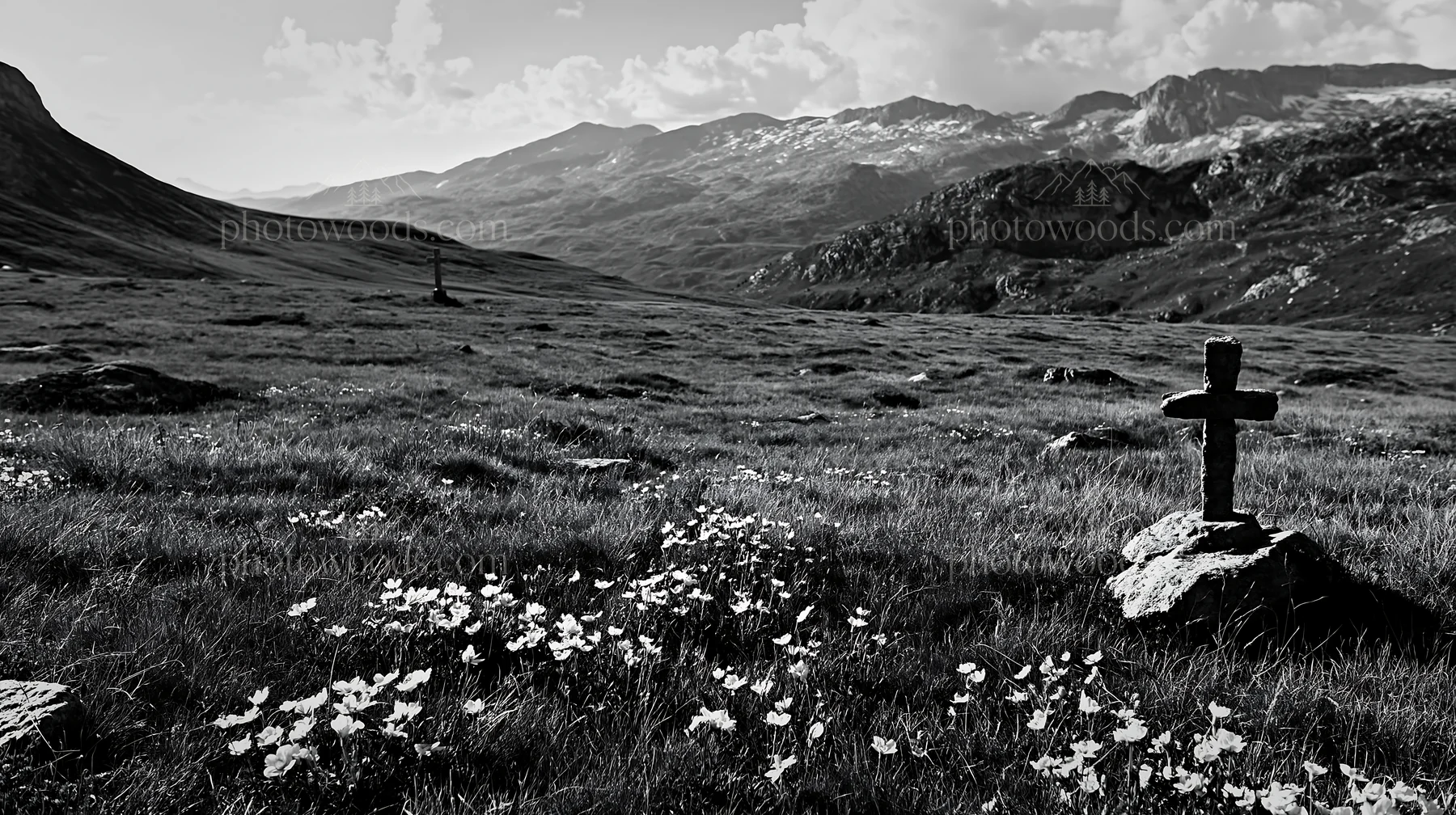 Stone Christian cross in alpine valley meadow - AI-generated stock image