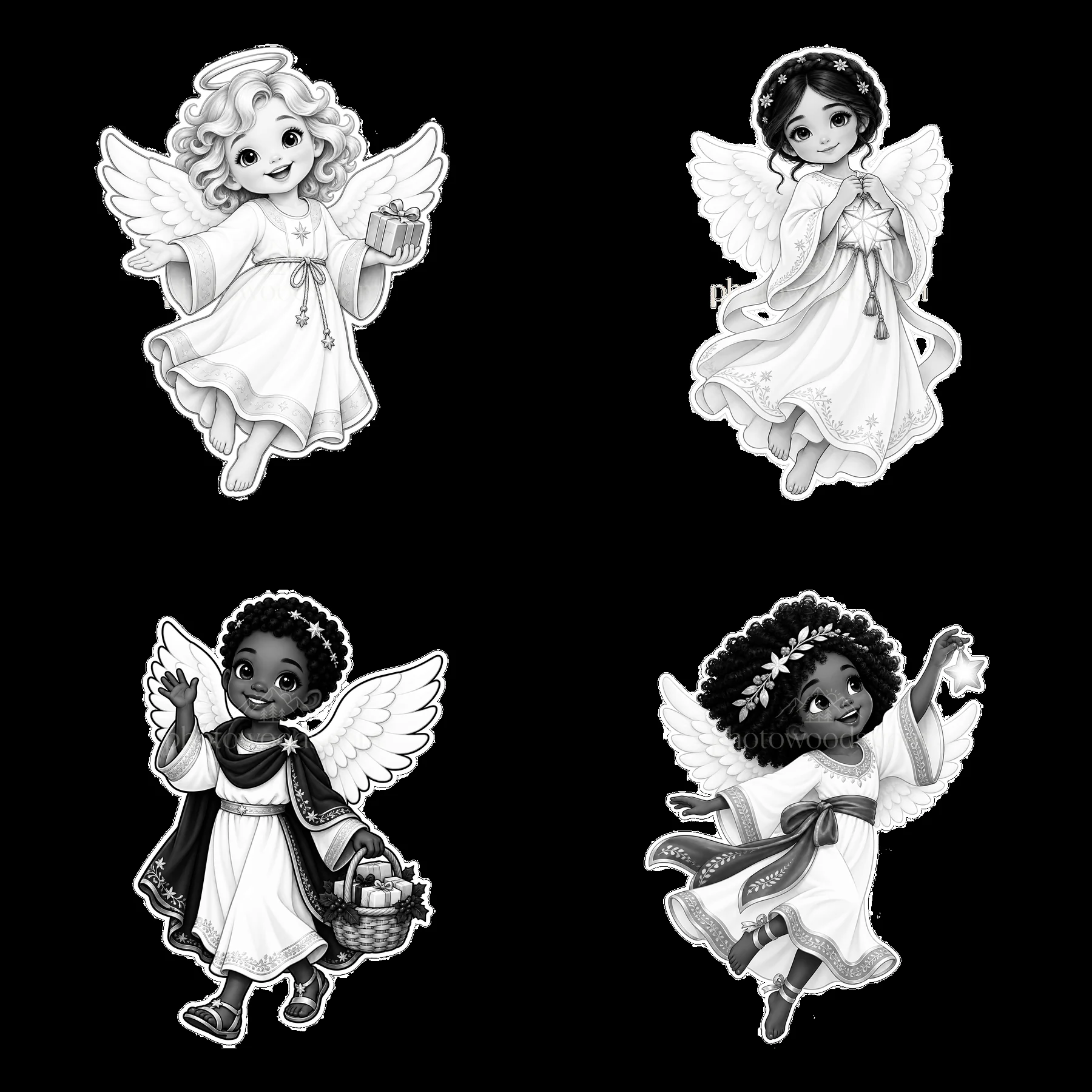Christ Child delivering gifts with angels in festive poses - AI-generated stock image